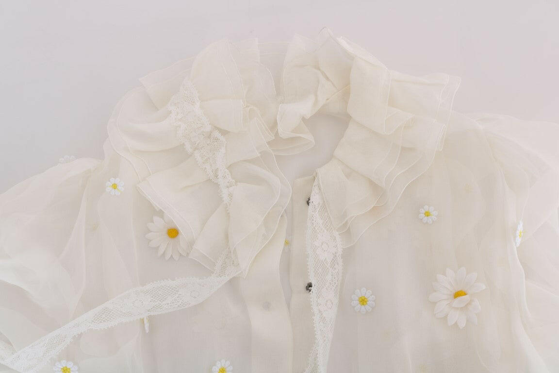 Dolce & Gabbana White Daisy Applique Silk Shirt -   -  Dolce & Gabbana.