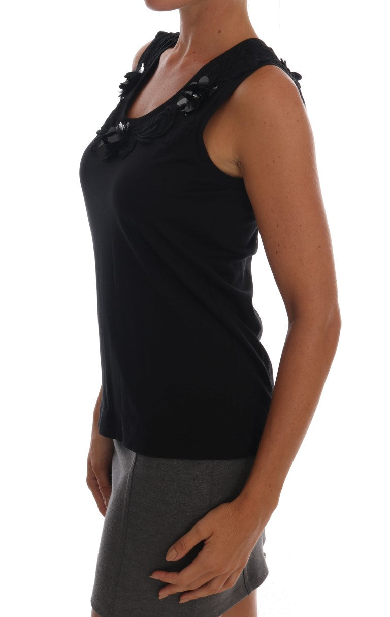 Dolce & Gabbana Black Cotton Floral Crystal Tank Top -   -  Dolce & Gabbana.