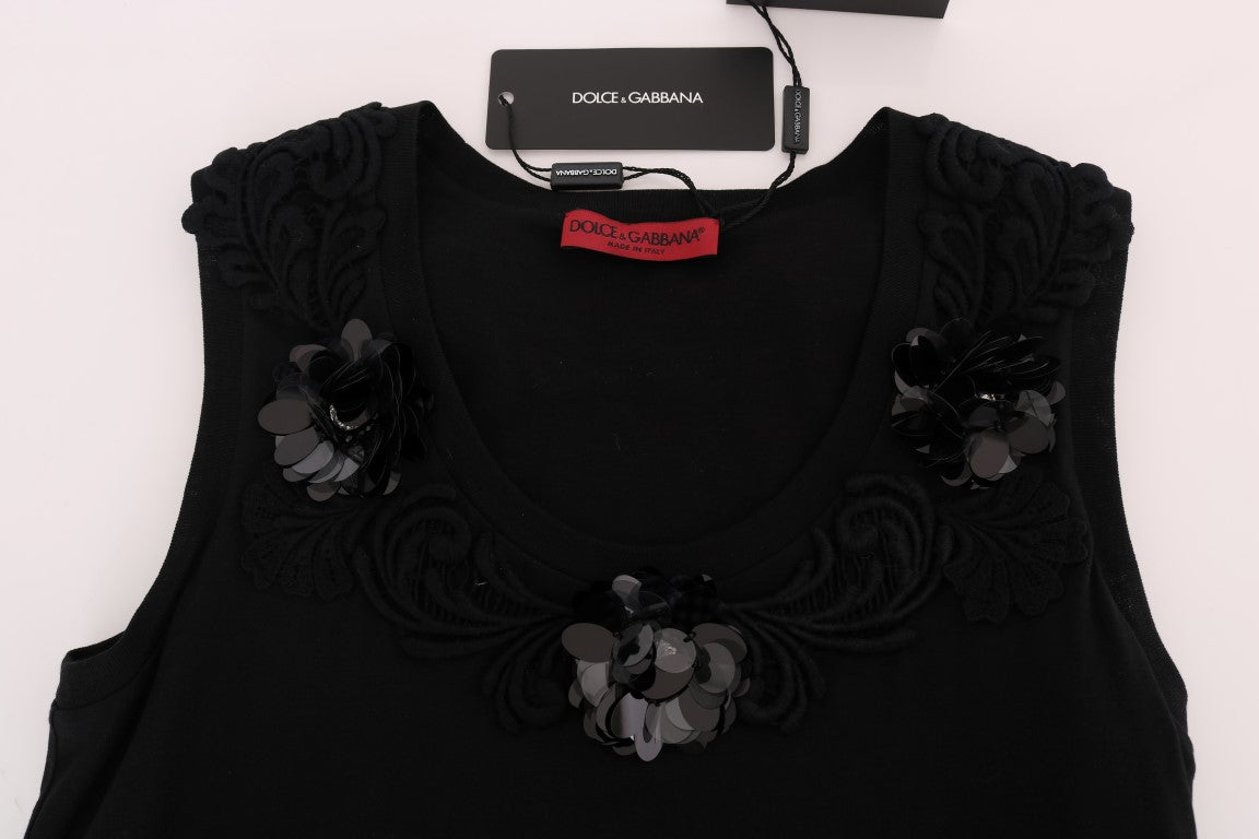 Dolce & Gabbana Black Cotton Floral Crystal Tank Top -   -  Dolce & Gabbana.