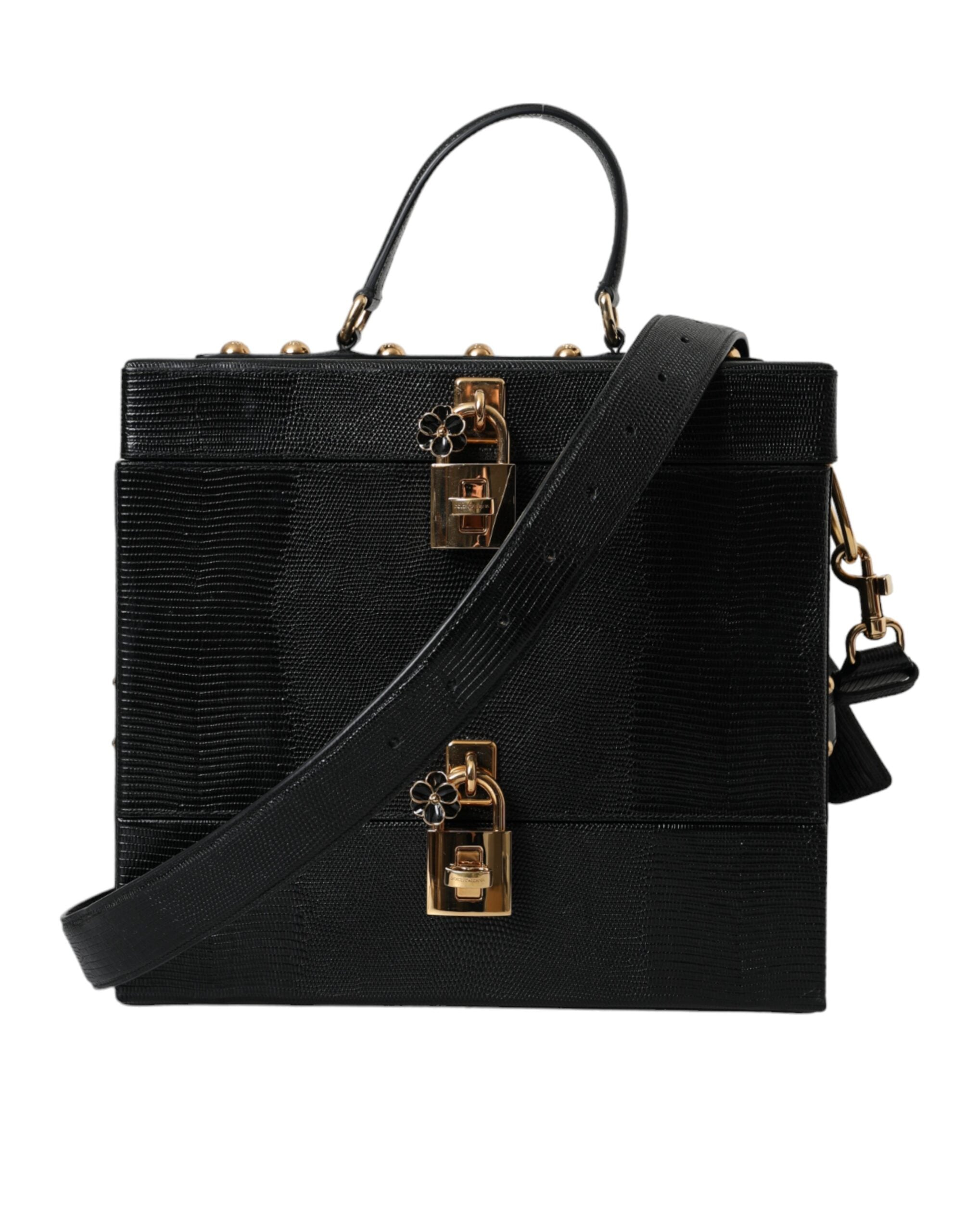 Dolce & Gabbana Black Lizard Embossed Calfskin Leather Double Box Bag -  Luxury Shoulder Bag for Women -  Dolce & Gabbana.