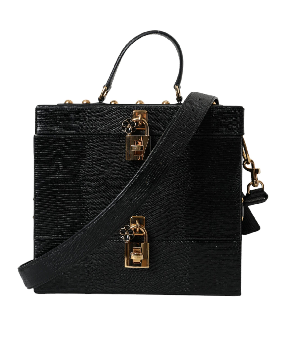 Dolce & Gabbana Black Lizard Embossed Calfskin Leather Double Box Bag -  Luxury Shoulder Bag for Women -  Dolce & Gabbana.