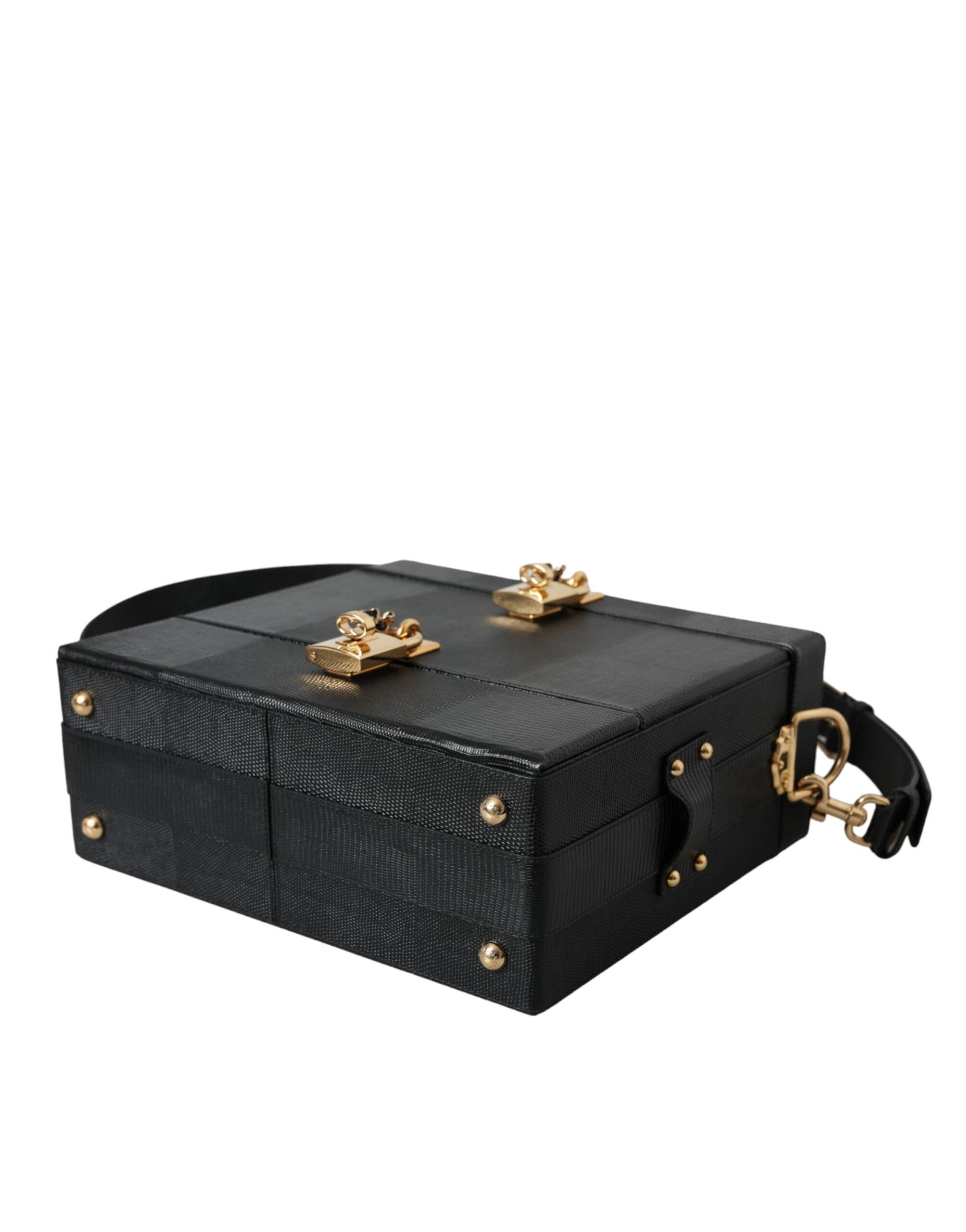 Dolce & Gabbana Black Lizard Embossed Calfskin Leather Double Box Bag -  Luxury Shoulder Bag for Women -  Dolce & Gabbana.