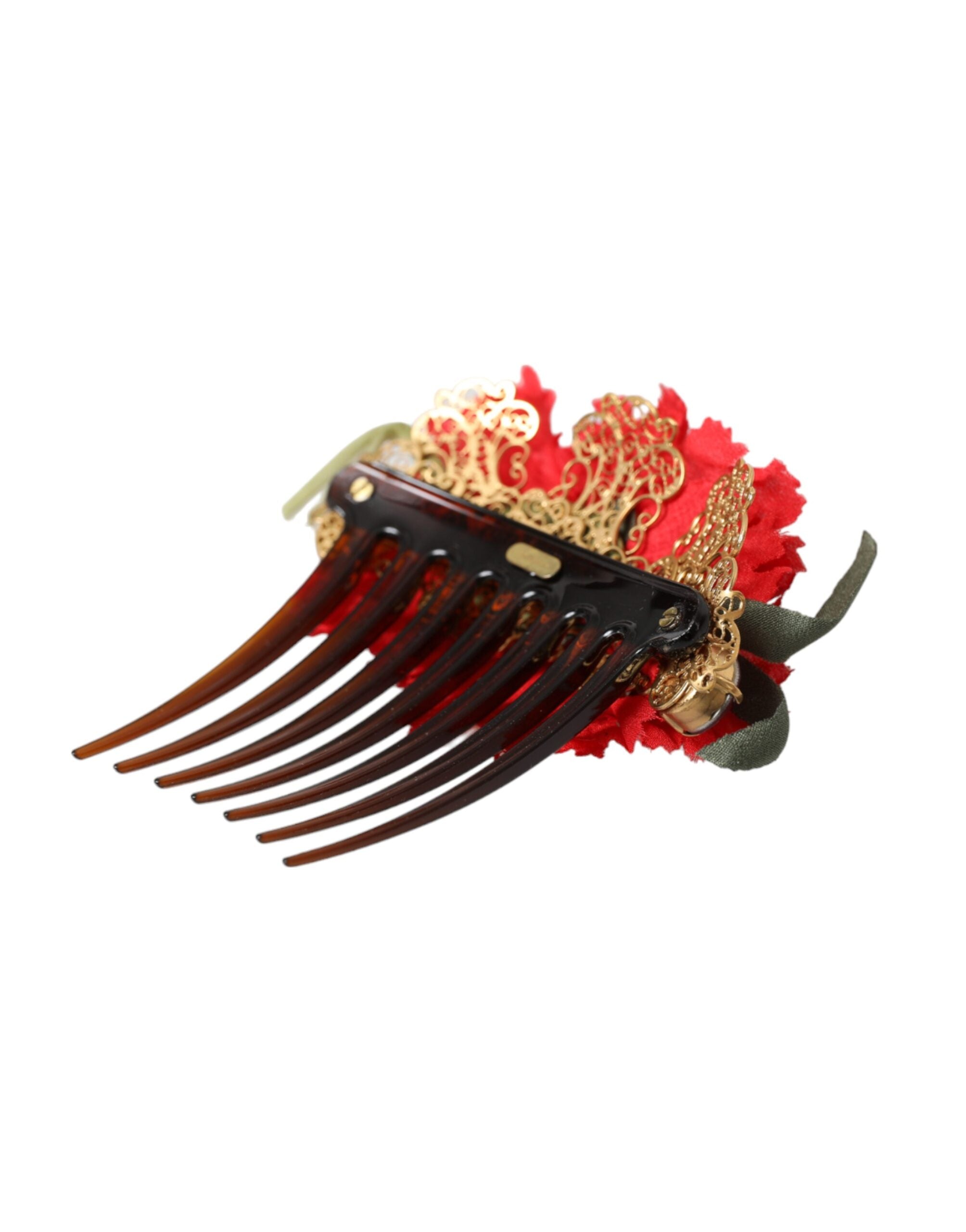 Dolce & Gabbana Red Silk Floral Gold Brass Women Hair Comb -   -  Dolce & Gabbana.