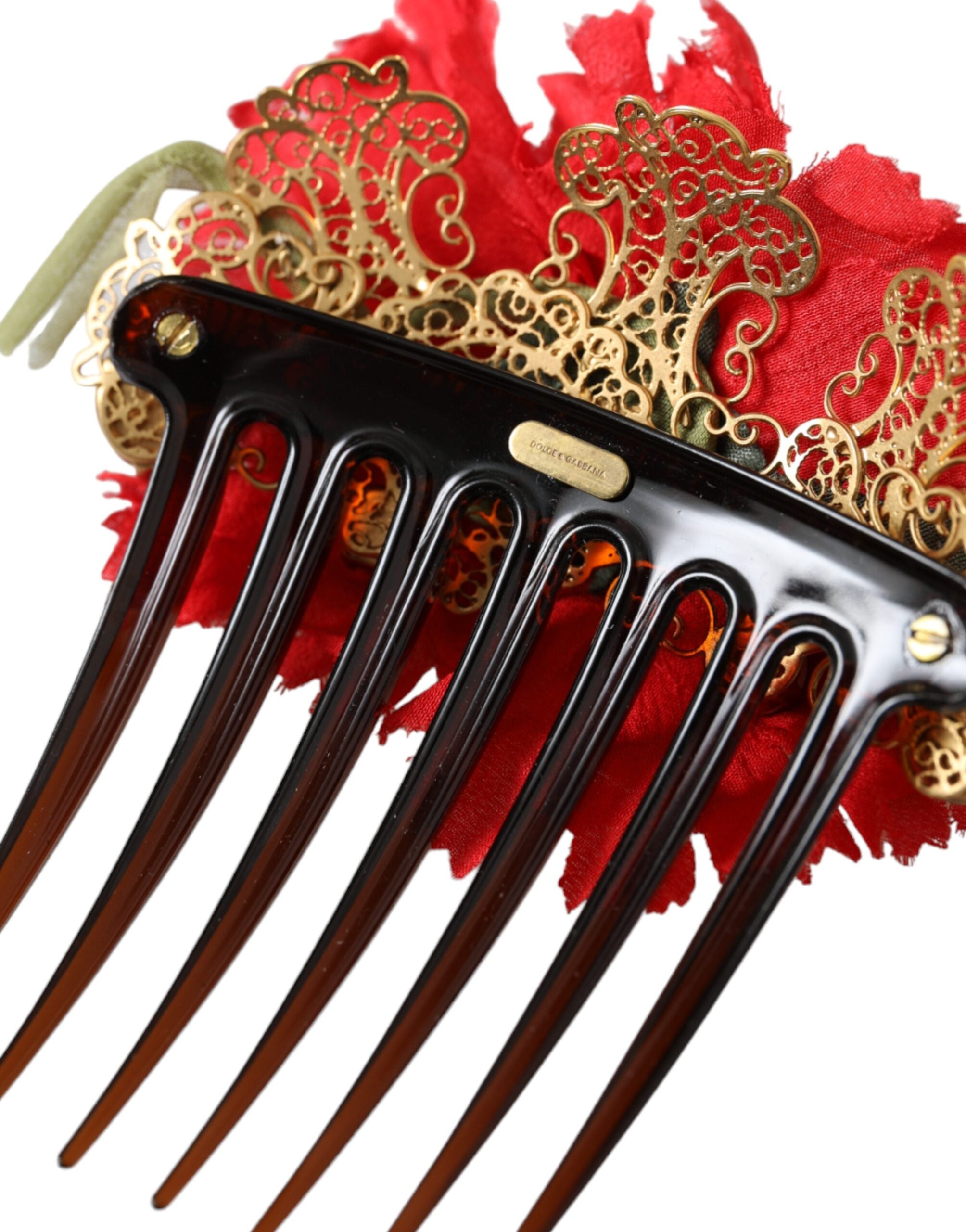 Dolce & Gabbana Red Silk Floral Gold Brass Women Hair Comb -   -  Dolce & Gabbana.