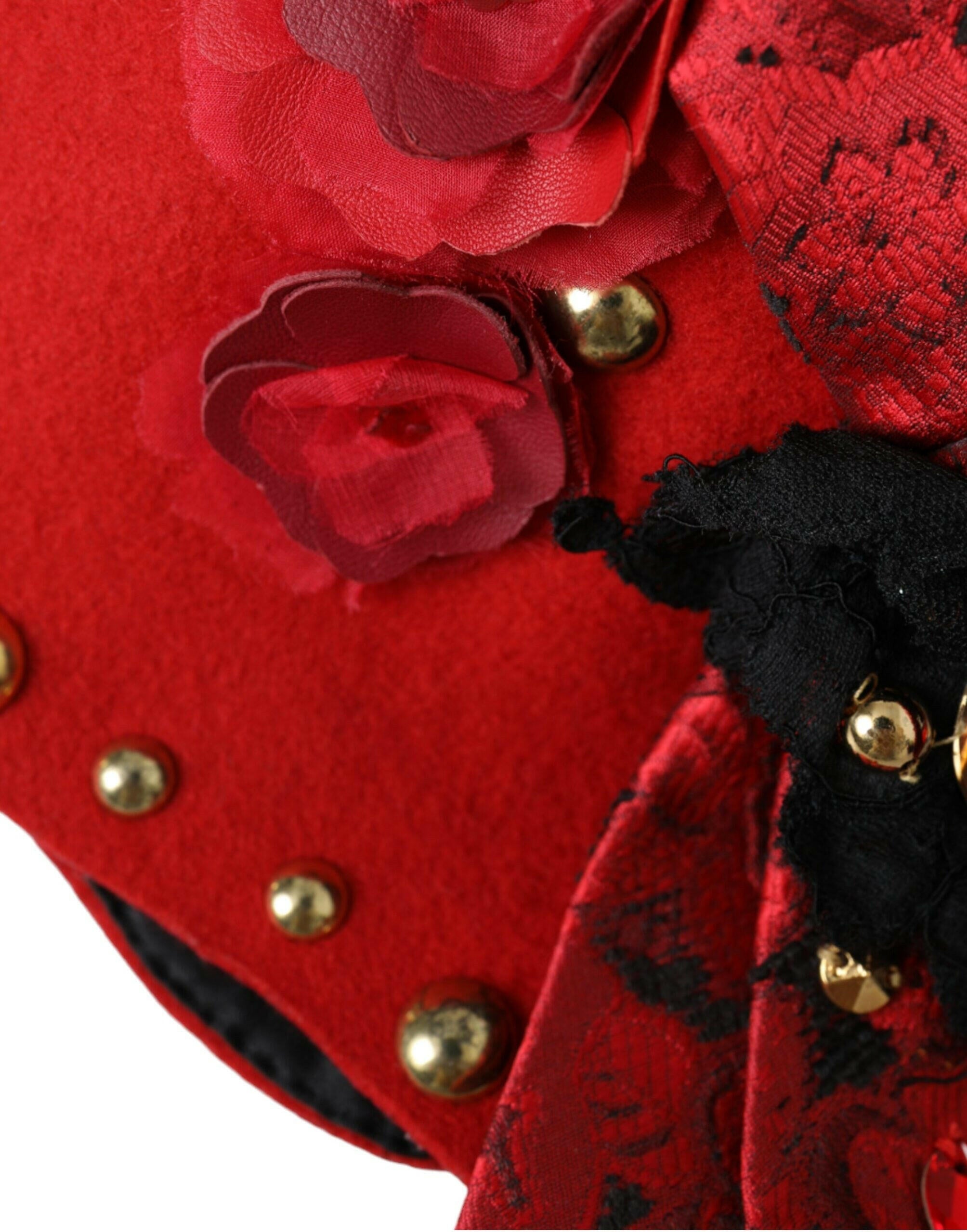 Dolce & Gabbana Red Crystal Gold Roses Brooch Embellished Hat -   -  Dolce & Gabbana.