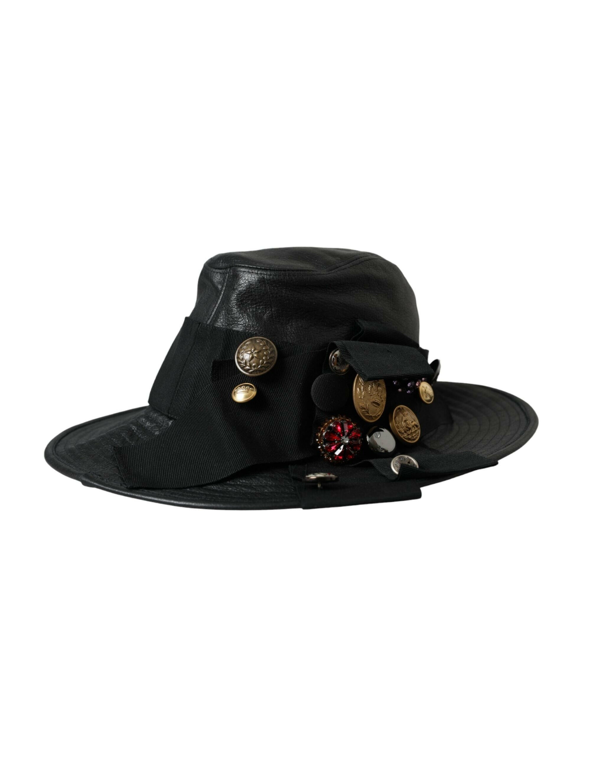 Dolce & Gabbana Black Leather DG Coin Crystal Wide Brim Hat -   -  Dolce & Gabbana.
