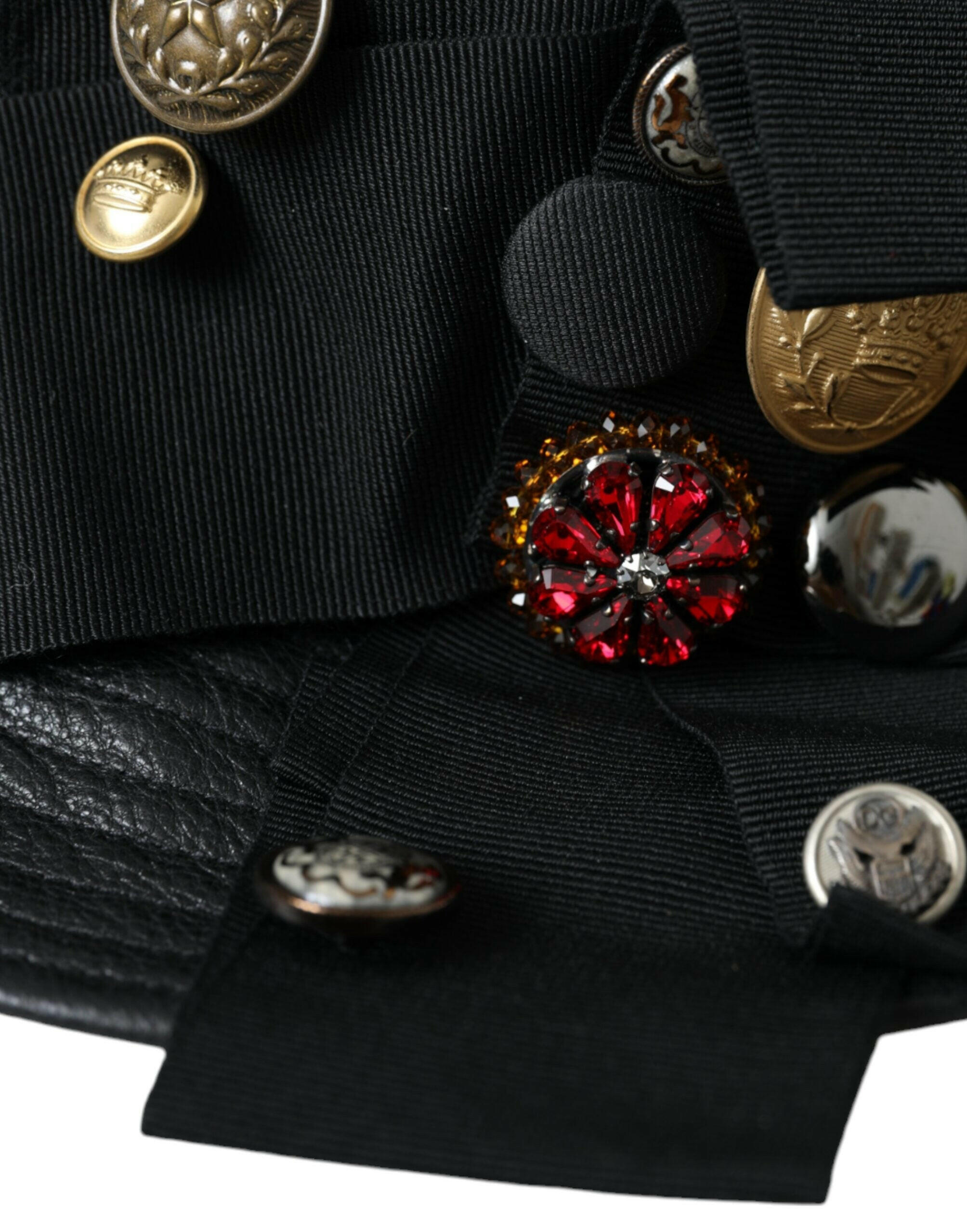 Dolce & Gabbana Black Leather DG Coin Crystal Wide Brim Hat -   -  Dolce & Gabbana.