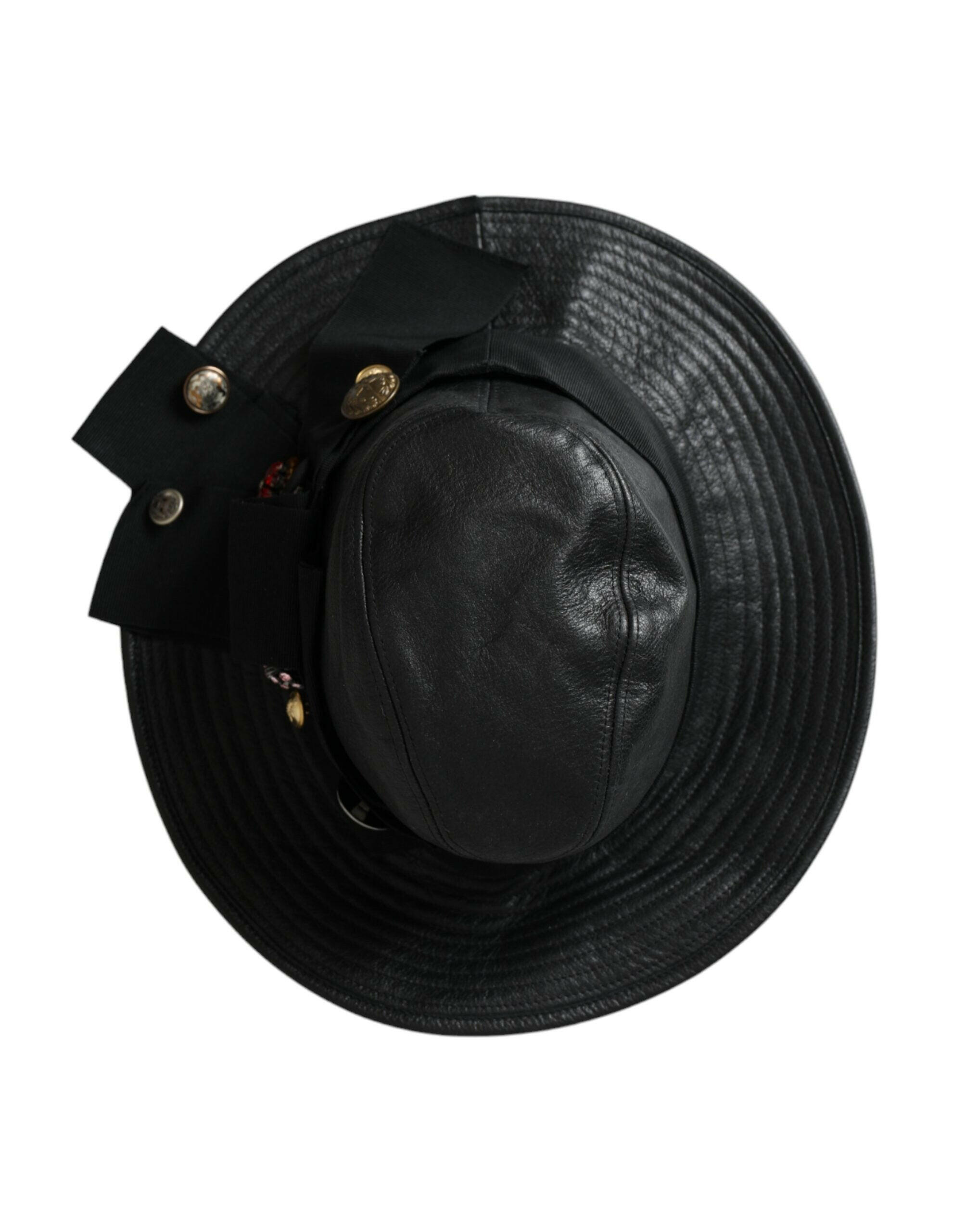 Dolce & Gabbana Black Leather DG Coin Crystal Wide Brim Hat -   -  Dolce & Gabbana.