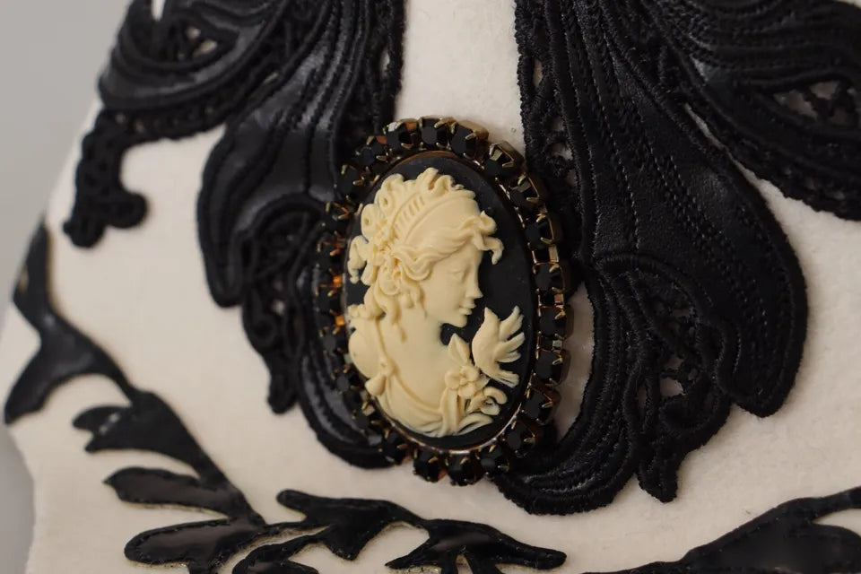 Dolce & Gabbana White Black Wool Embroidered Cameo Brooch Hat -   -  Dolce & Gabbana.
