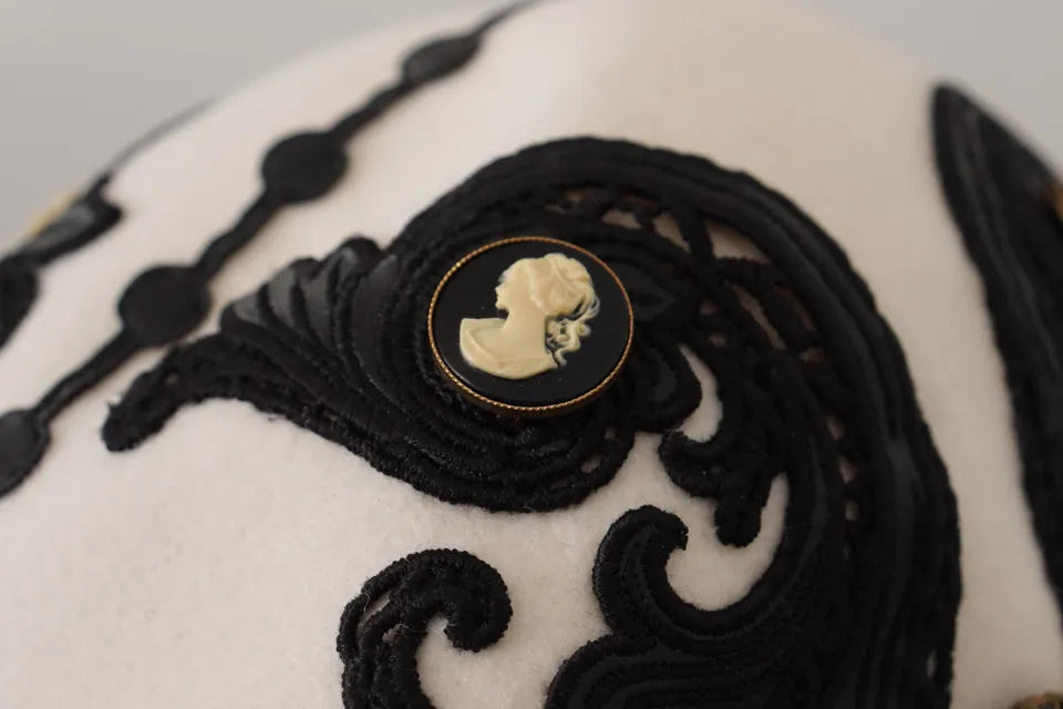 Dolce & Gabbana White Black Wool Embroidered Cameo Brooch Hat -   -  Dolce & Gabbana.