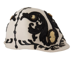 Dolce & Gabbana White Black Wool Embroidered Cameo Brooch Hat -   -  Dolce & Gabbana.