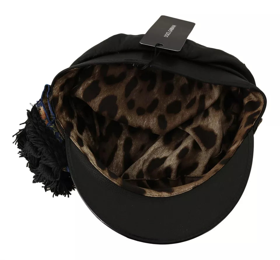Dolce & Gabbana Black Leather Crystal Beads Gold Ribbon Fiddler Cap -   -  Dolce & Gabbana.