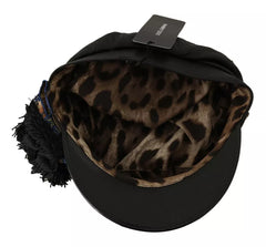 Dolce & Gabbana Black Leather Crystal Beads Gold Ribbon Fiddler Cap -   -  Dolce & Gabbana.