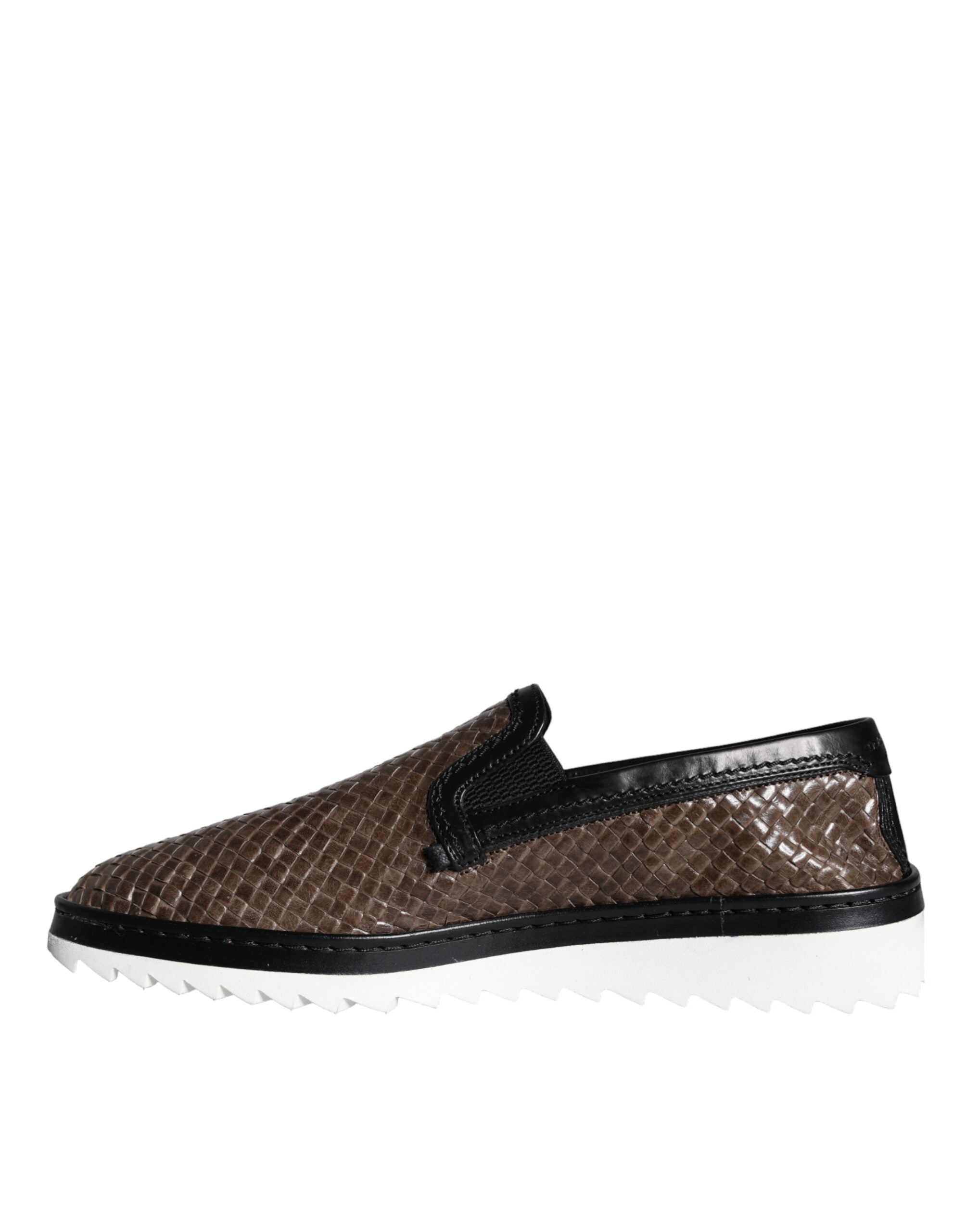 Dolce & Gabbana Brown Black Leather Weaved Men Loafers Shoes -   -  Dolce & Gabbana.