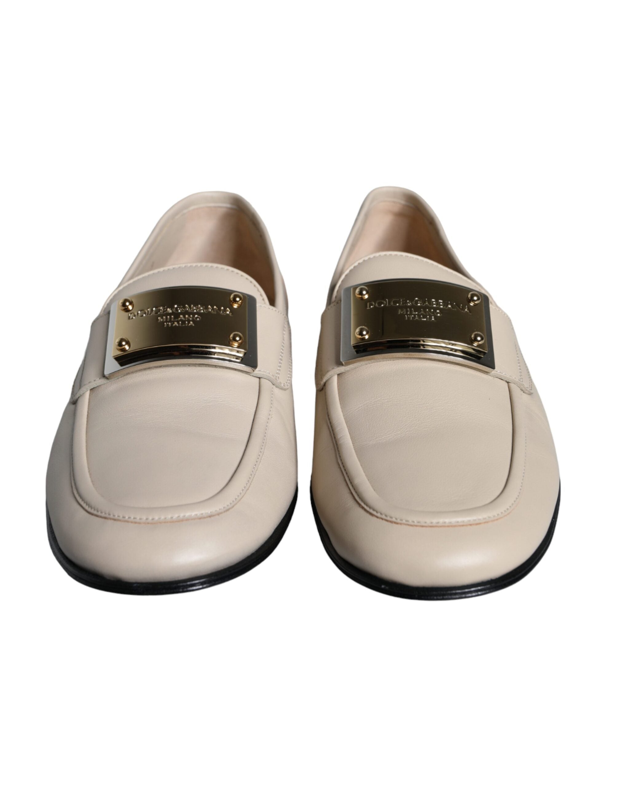 Dolce & Gabbana Beige Leather Logo Plaque Slip On Men Loafers Shoes -   -  Dolce & Gabbana.