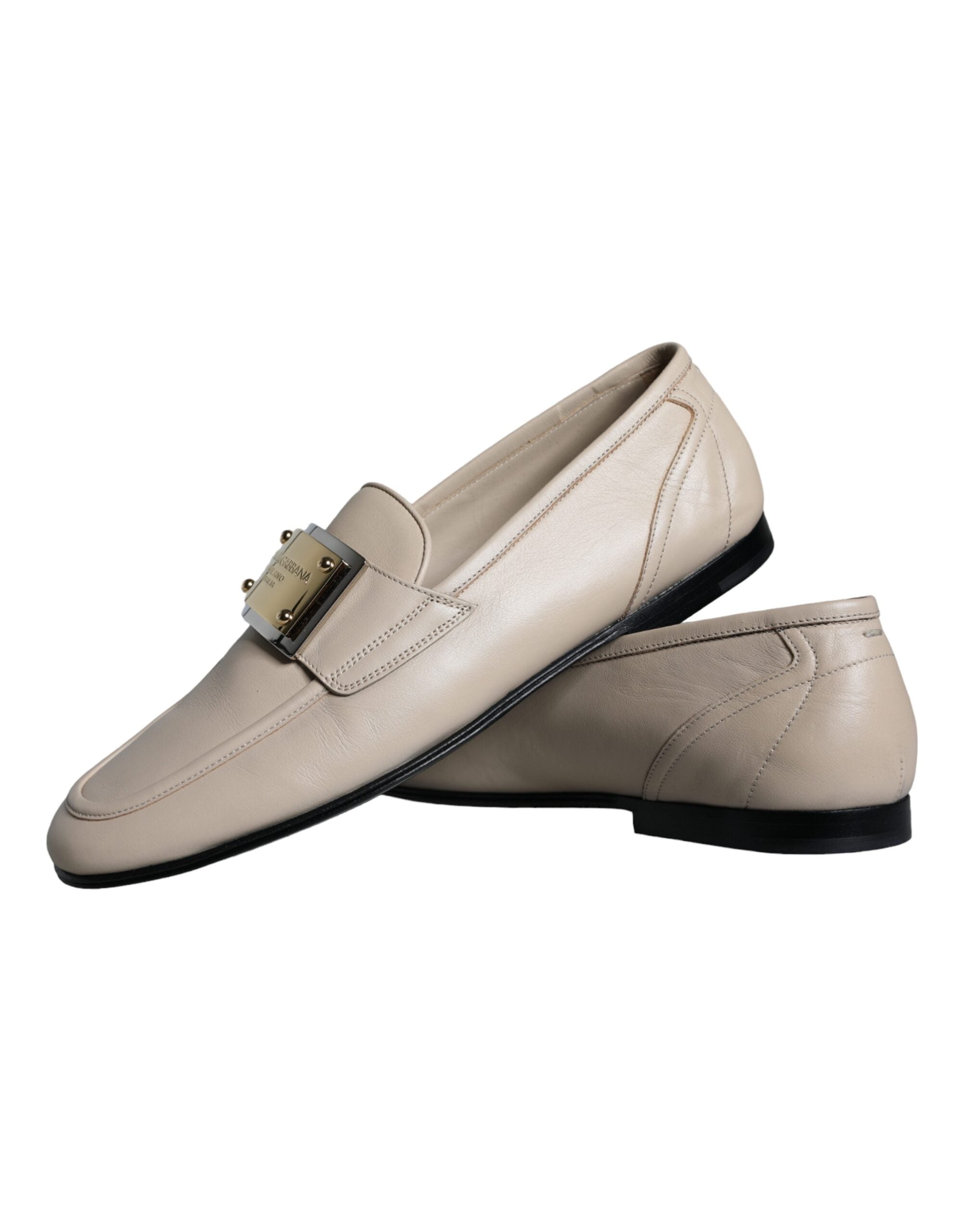 Dolce & Gabbana Beige Leather Logo Plaque Slip On Men Loafers Shoes -   -  Dolce & Gabbana.