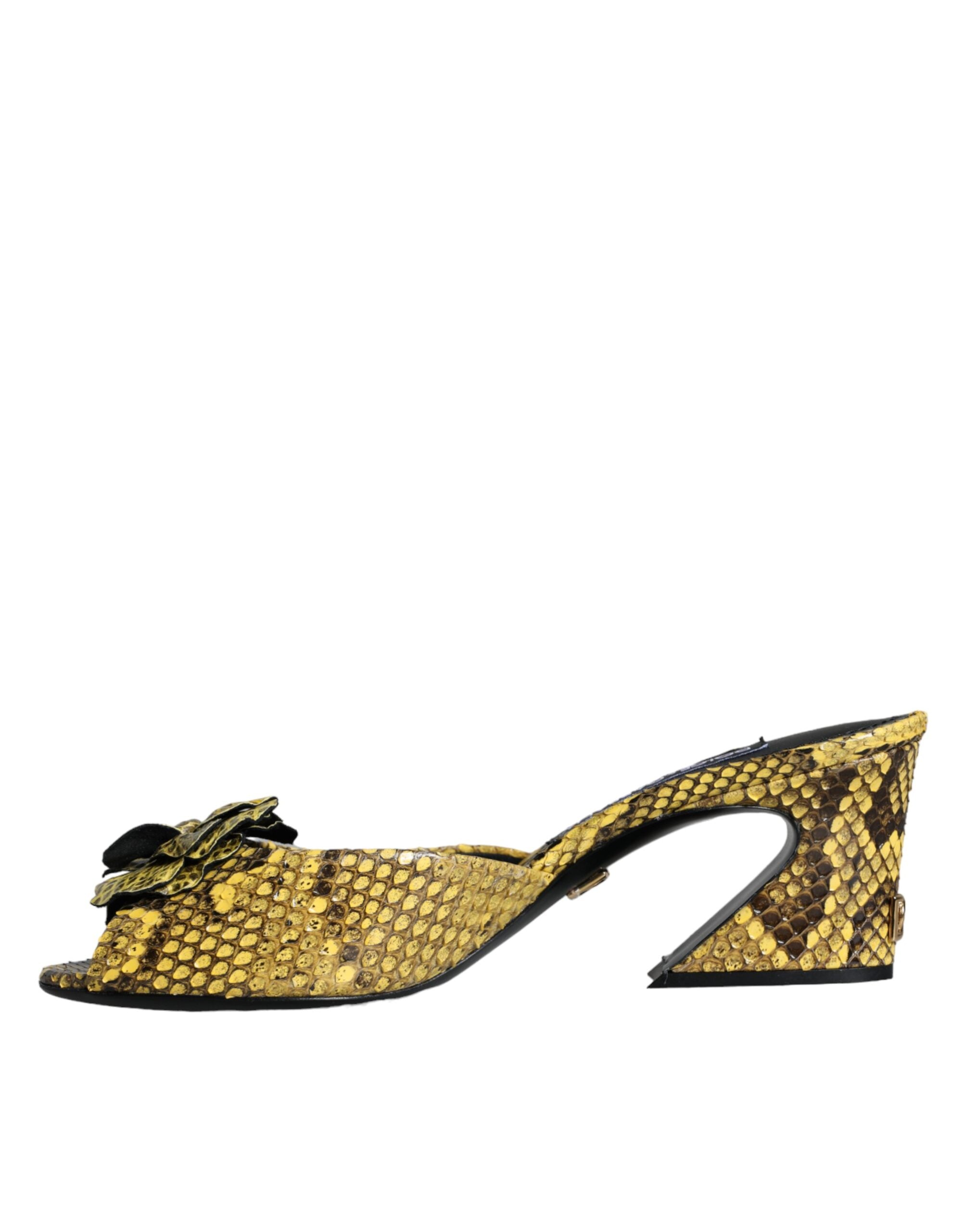 Dolce & Gabbana Yellow Leather Block Heels Slides Shoes -   -  Dolce & Gabbana.