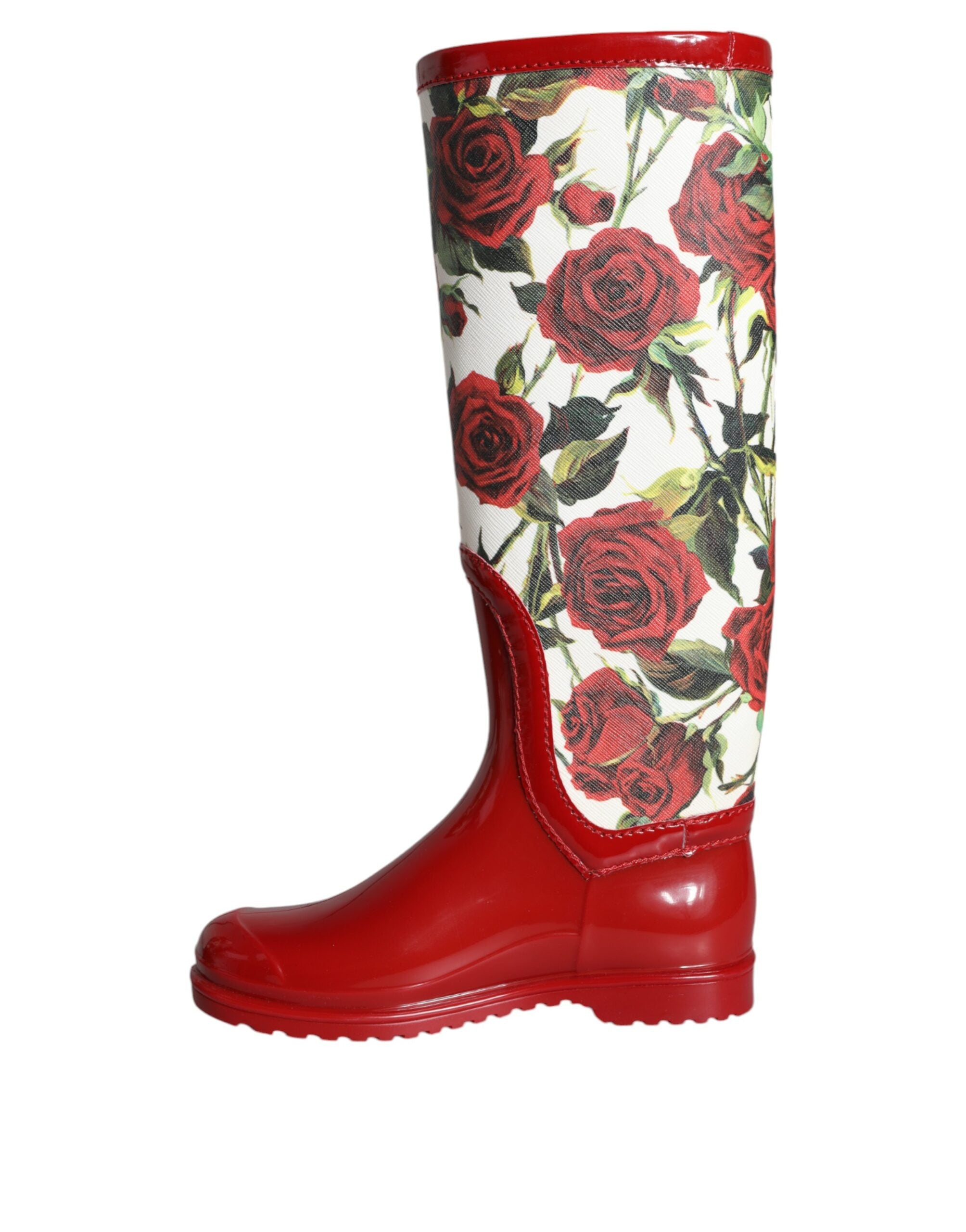 Dolce & Gabbana Red Floral Rubber Knee High Flat Boots Shoes -   -  Dolce & Gabbana.
