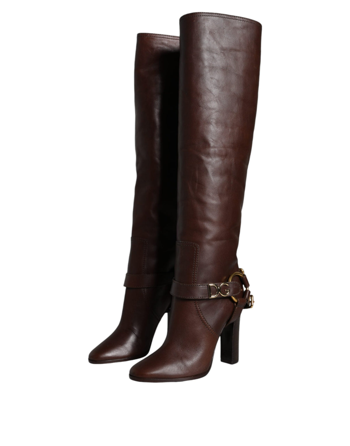 Dolce & Gabbana Brown Leather Gold Tone Logo High Boots Shoes -   -  Dolce & Gabbana.