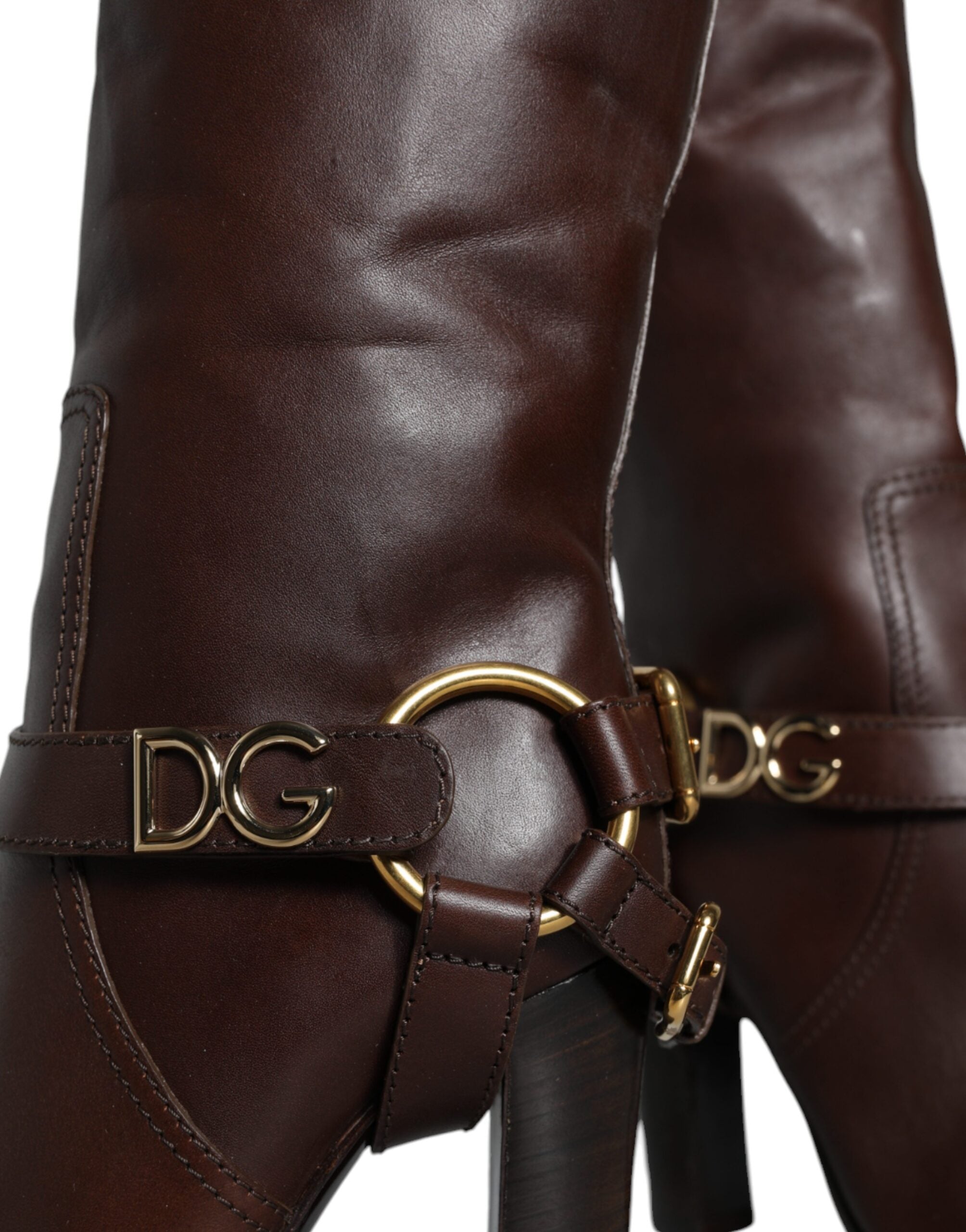Dolce & Gabbana Brown Leather Gold Tone Logo High Boots Shoes -   -  Dolce & Gabbana.