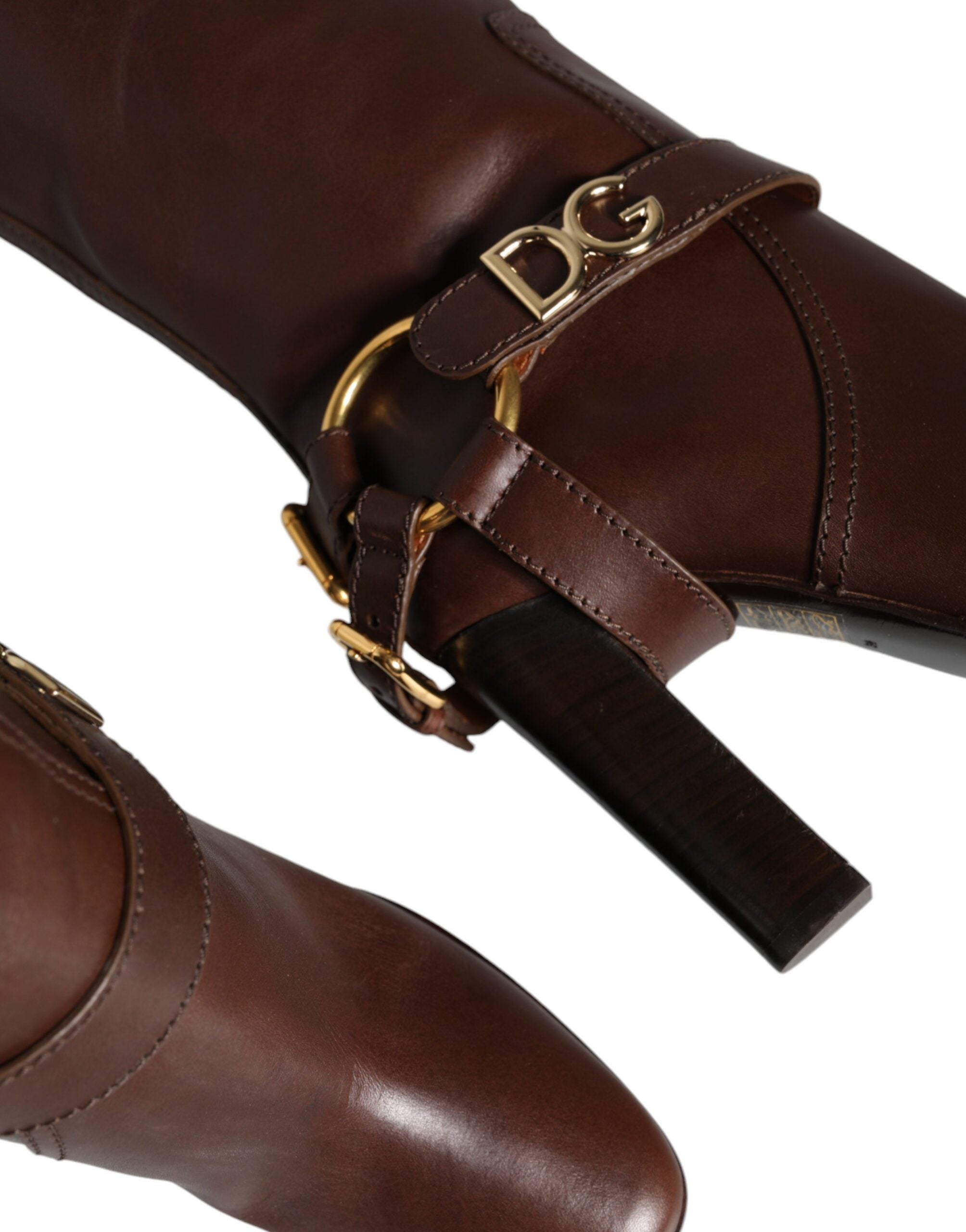 Dolce & Gabbana Brown Leather Gold Tone Logo High Boots Shoes -   -  Dolce & Gabbana.