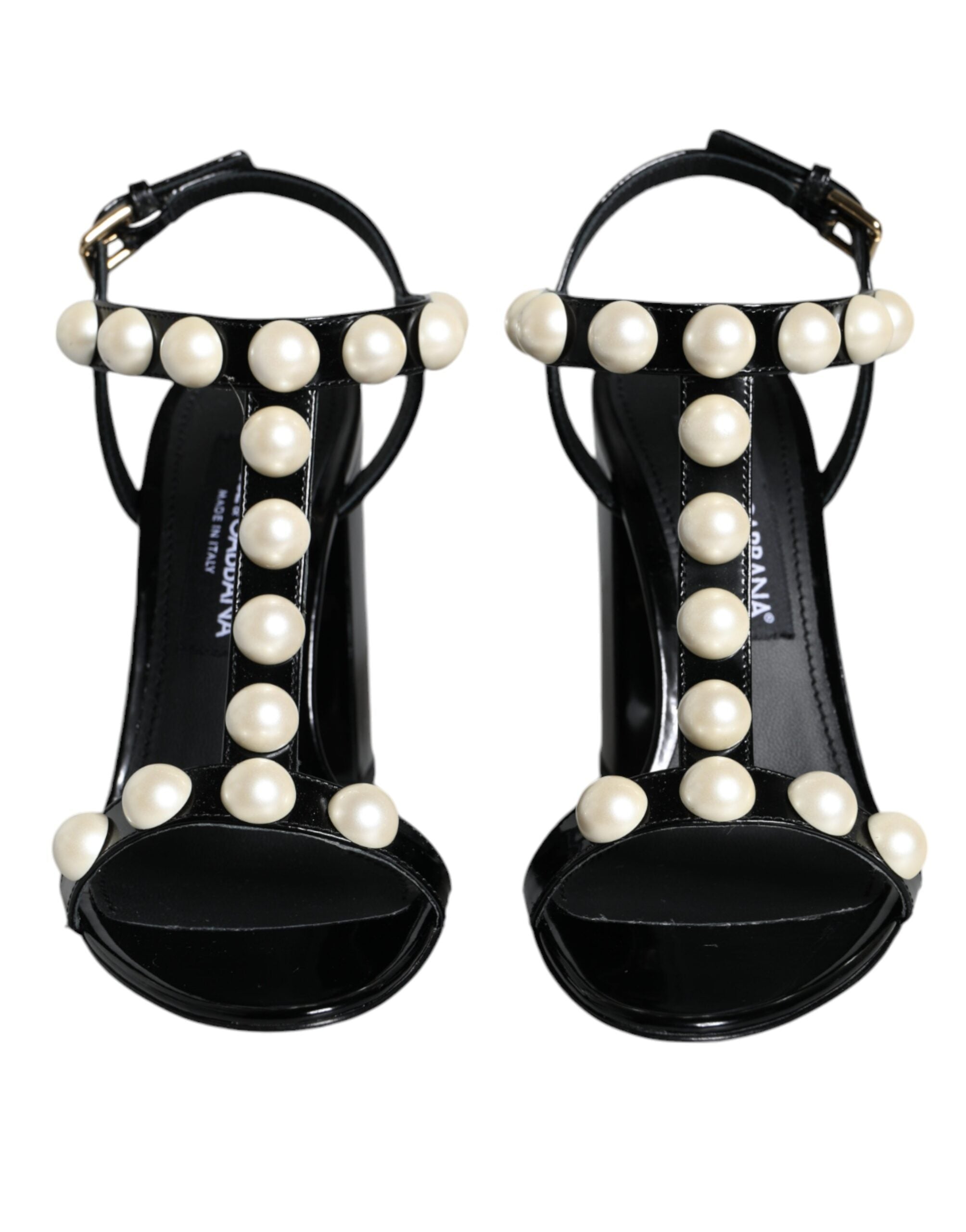 Dolce & Gabbana Black Leather Pearls T-strap Sandals Shoes -   -  Dolce & Gabbana.