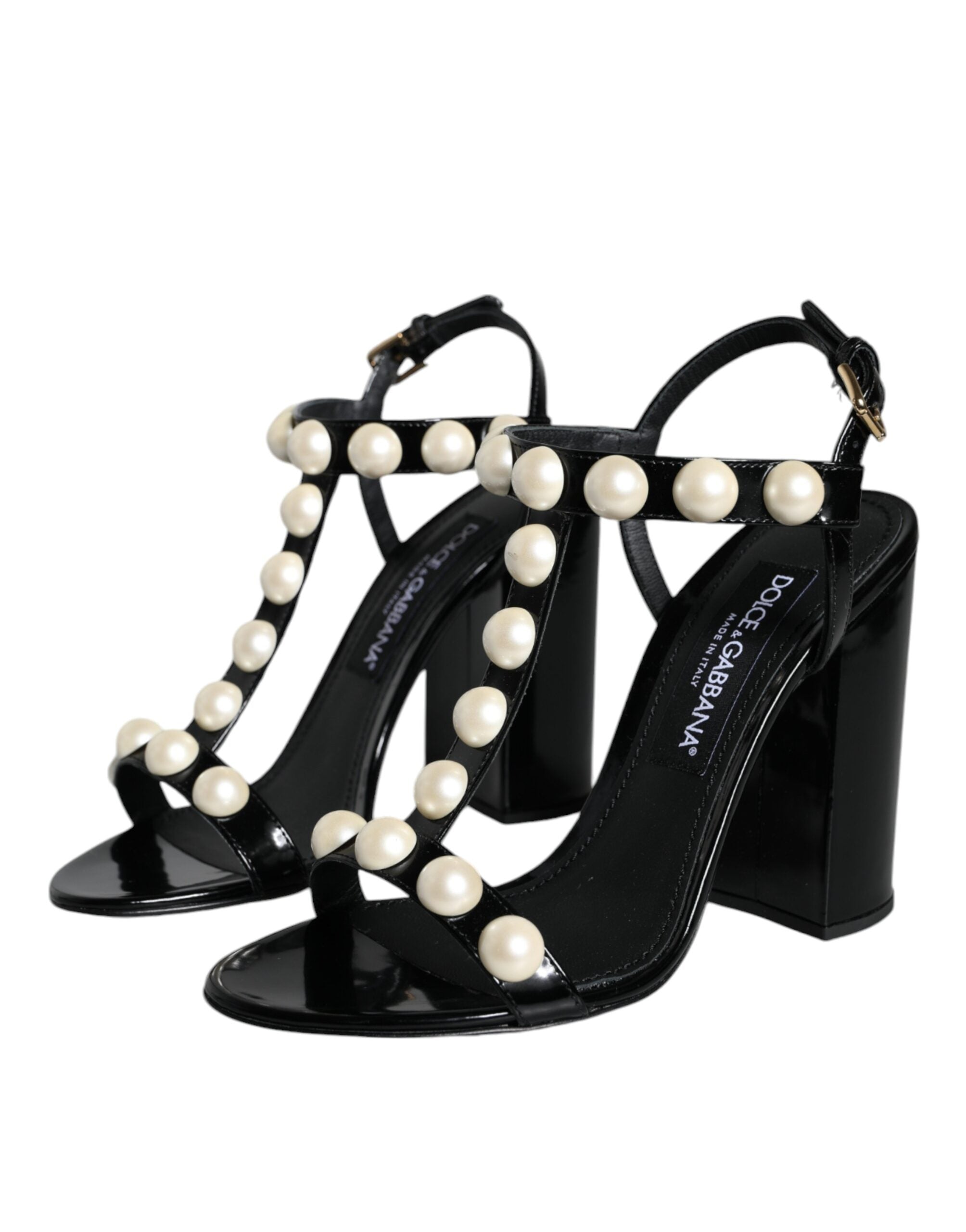 Dolce & Gabbana Black Leather Pearls T-strap Sandals Shoes -   -  Dolce & Gabbana.