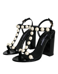 Dolce & Gabbana Black Leather Pearls T-strap Sandals Shoes -   -  Dolce & Gabbana.