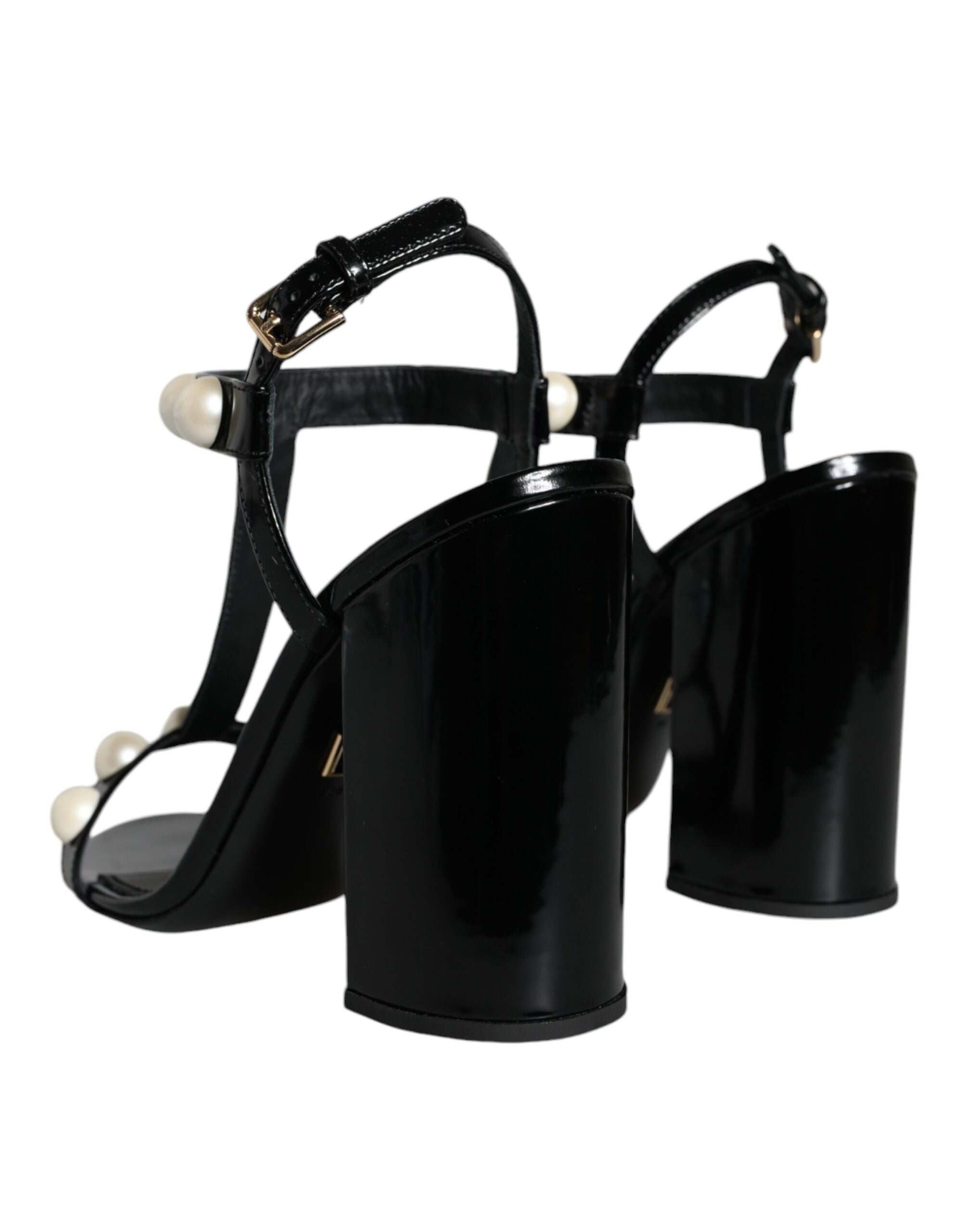 Dolce & Gabbana Black Leather Pearls T-strap Sandals Shoes -   -  Dolce & Gabbana.