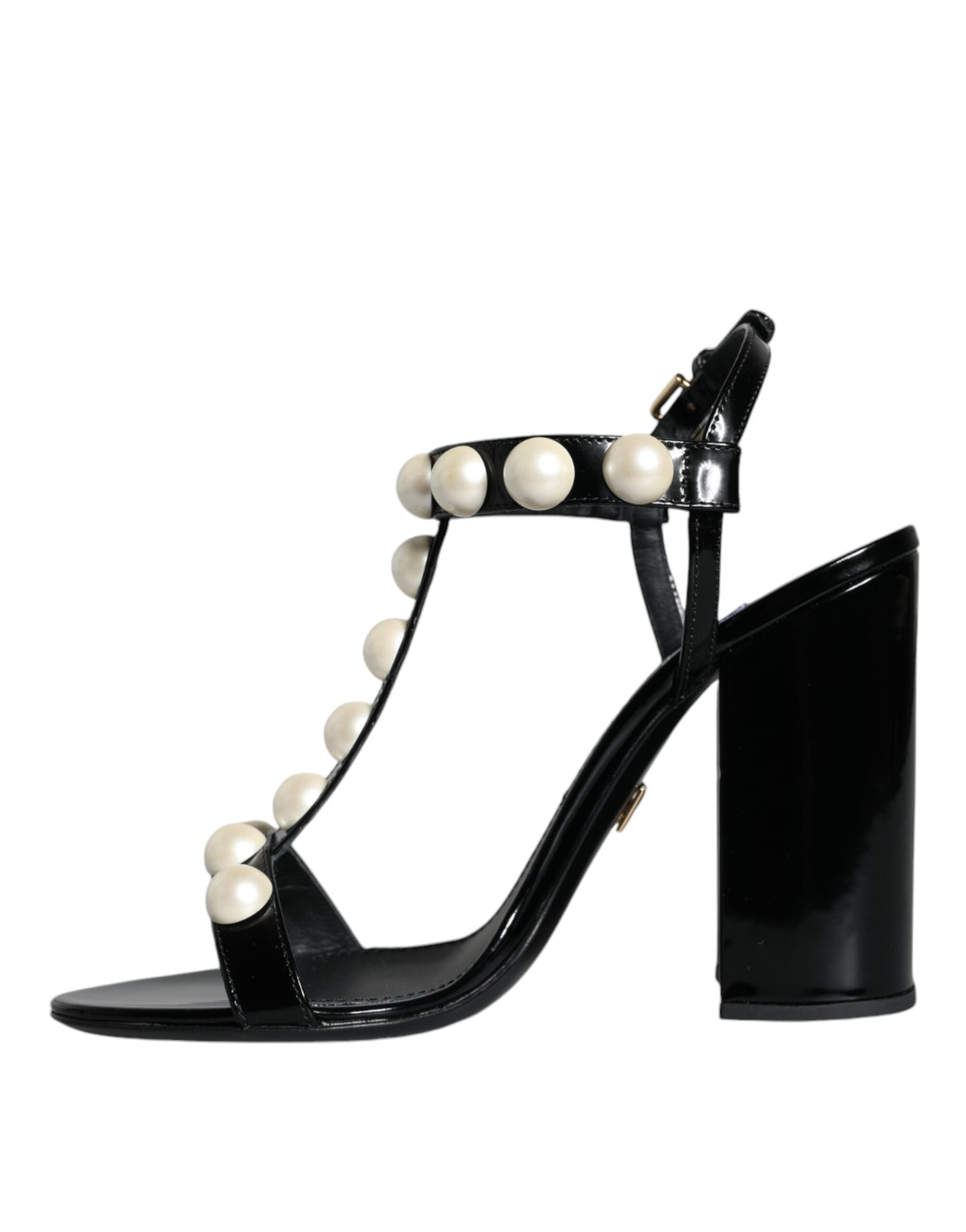 Dolce & Gabbana Black Leather Pearls T-strap Sandals Shoes -   -  Dolce & Gabbana.