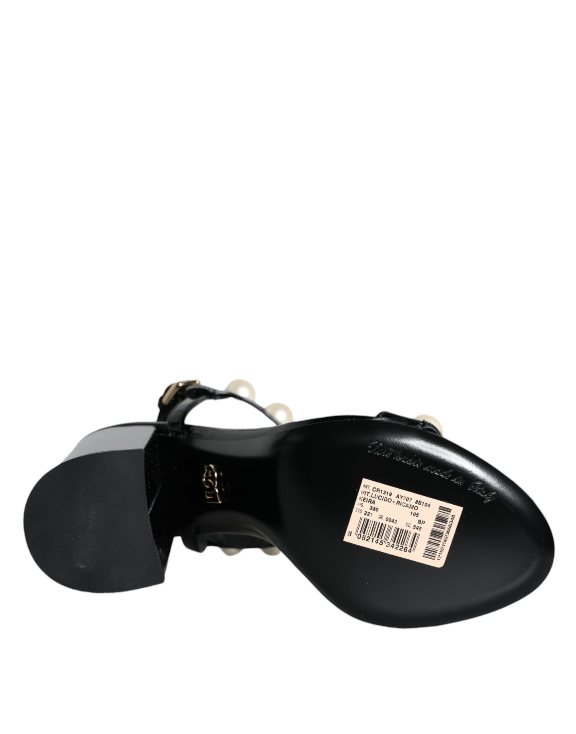 Dolce & Gabbana Black Leather Pearls T-strap Sandals Shoes -   -  Dolce & Gabbana.