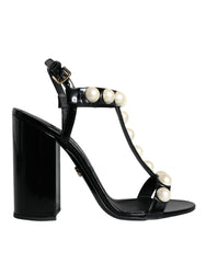 Dolce & Gabbana Black Leather Pearls T-strap Sandals Shoes -   -  Dolce & Gabbana.