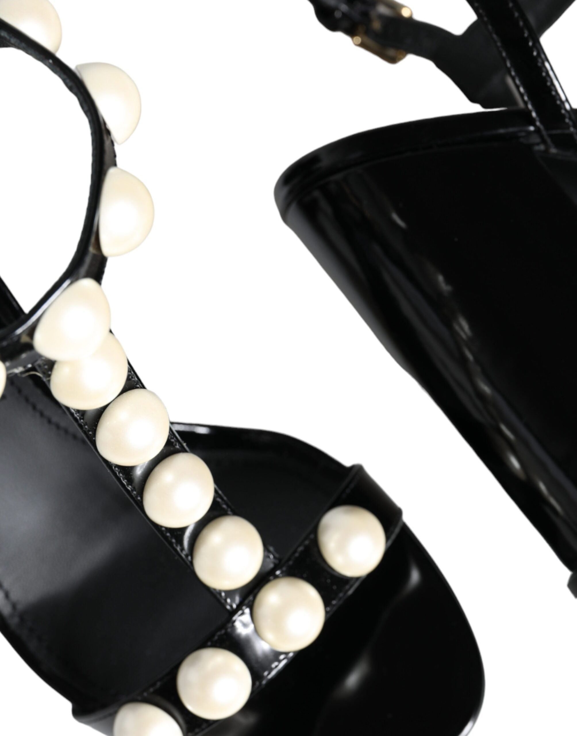 Dolce & Gabbana Black Leather Pearls T-strap Sandals Shoes -   -  Dolce & Gabbana.