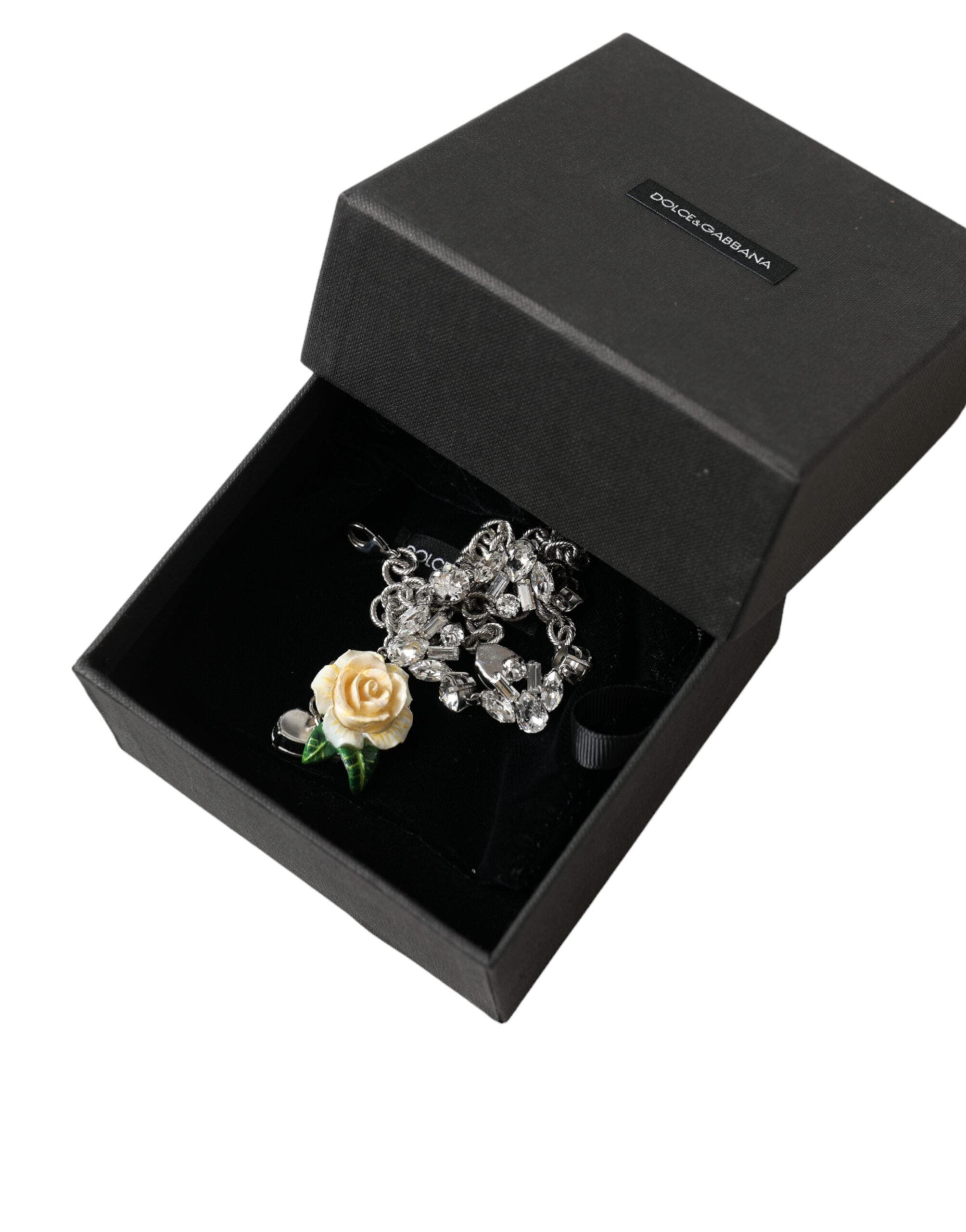 Dolce & Gabbana Silver Brass Clear Crystal Roses Pendants Necklace -   -  Dolce & Gabbana.