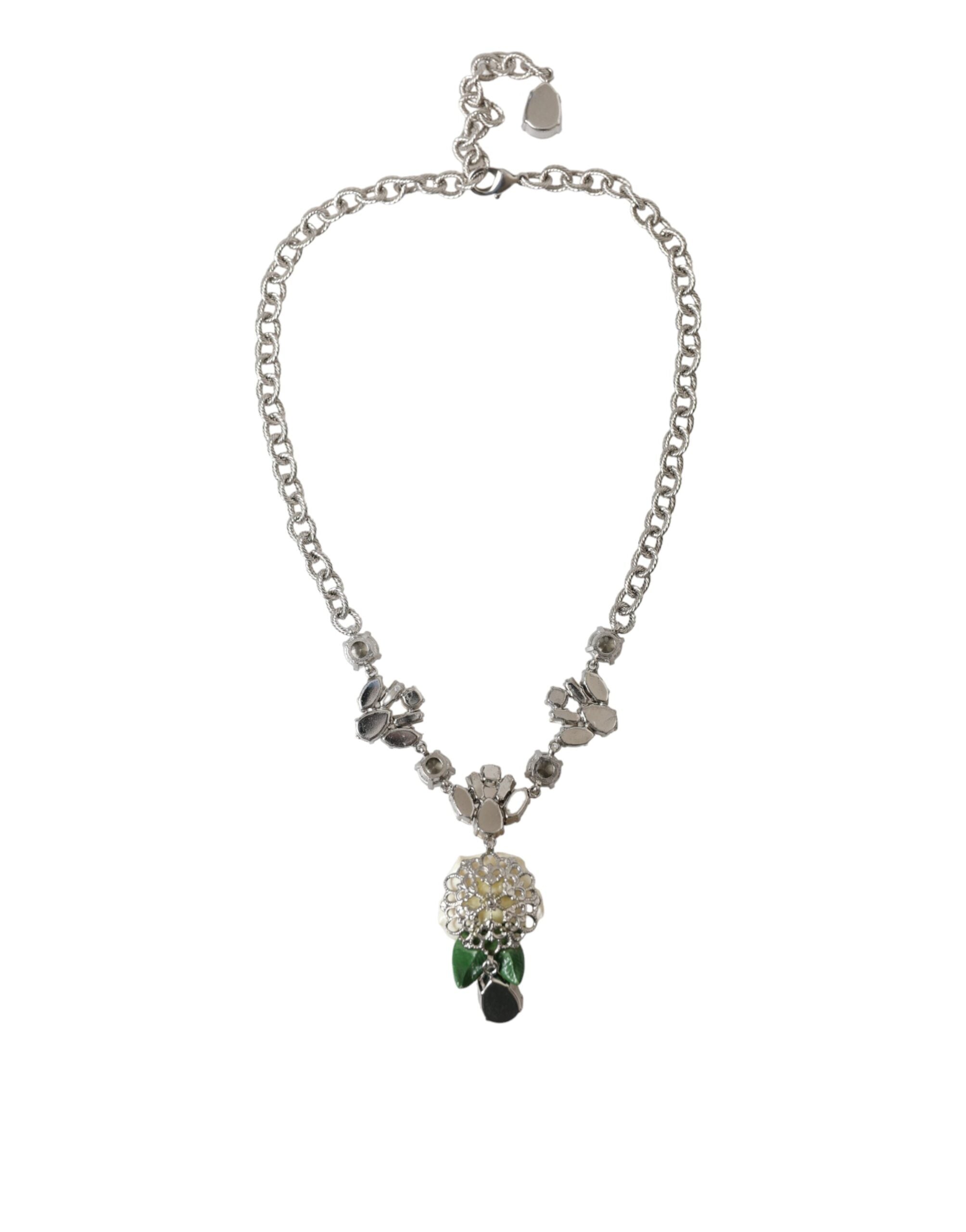 Dolce & Gabbana Silver Brass Clear Crystal Roses Pendants Necklace -   -  Dolce & Gabbana.