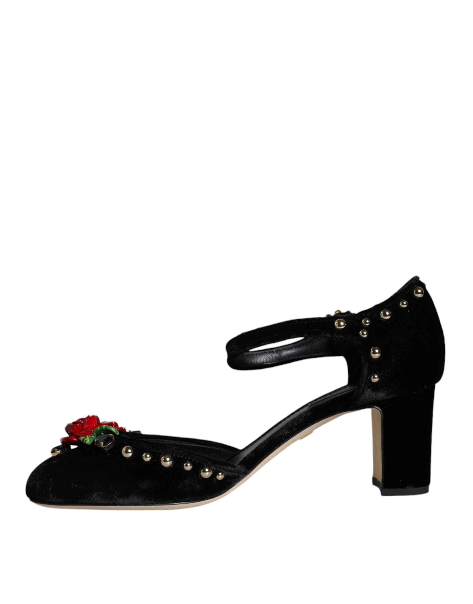 Dolce & Gabbana Black Velvet Roses Ankle Strap Pumps Shoes -   -  Dolce & Gabbana.