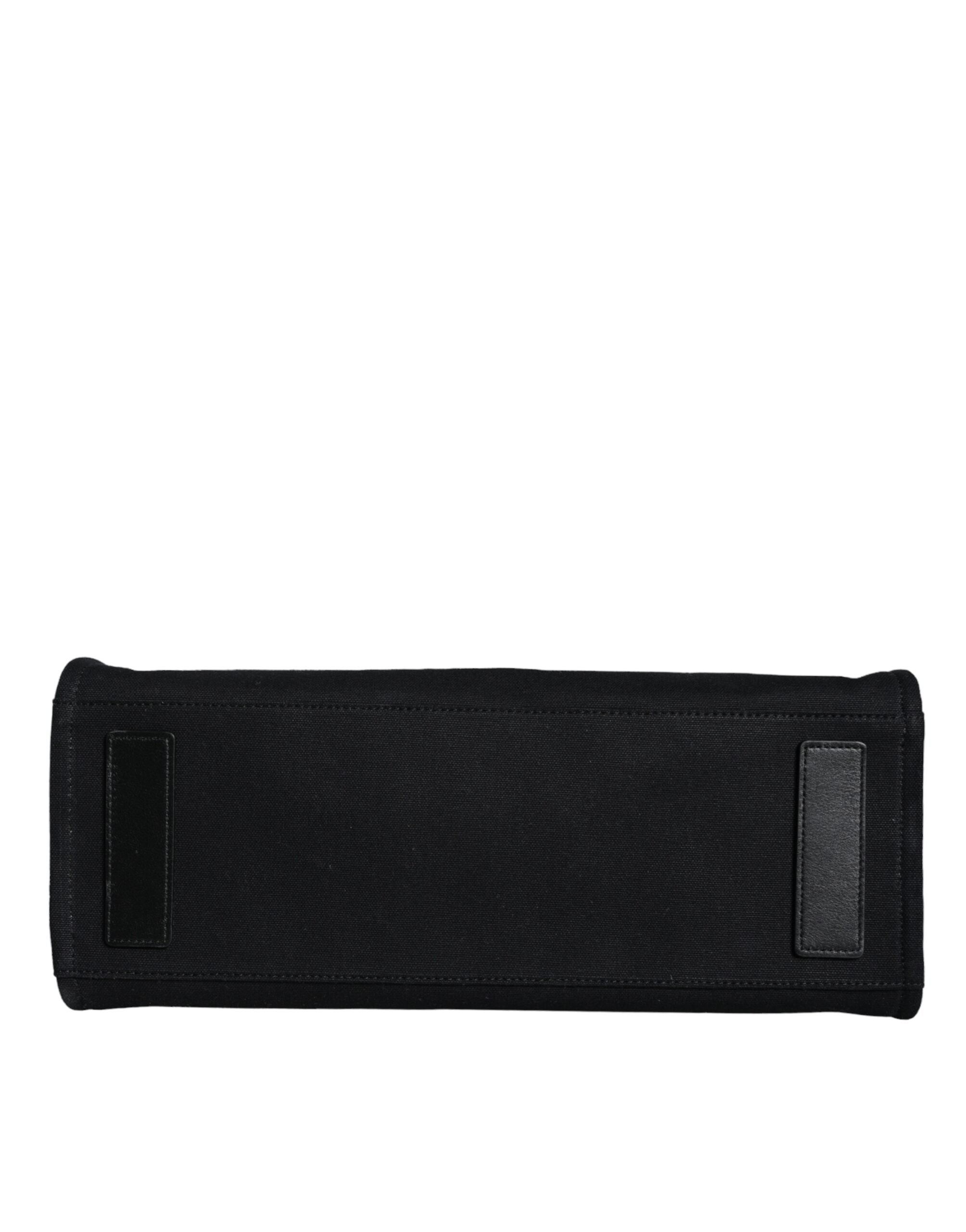 Versace Black Top Handle Canvas Leather Logo Crossbody Tote Bag -   -  Versace.
