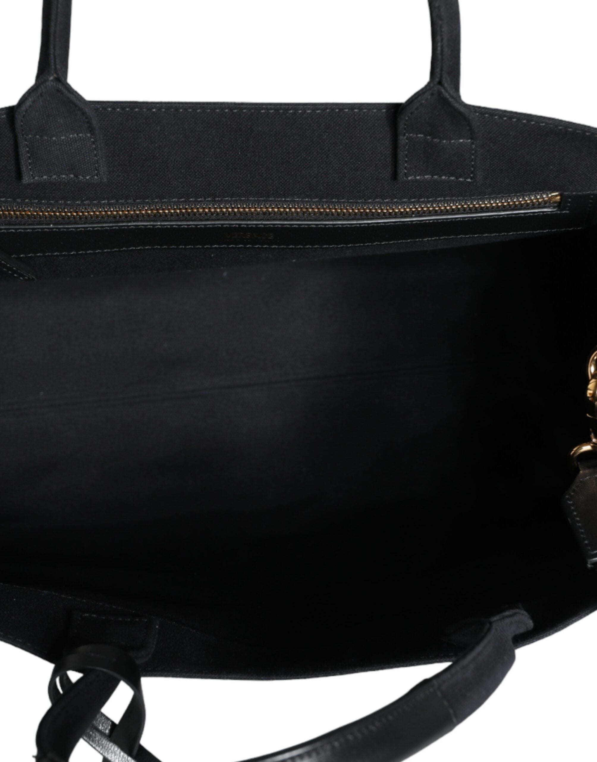 Versace Black Top Handle Canvas Leather Logo Crossbody Tote Bag -   -  Versace.
