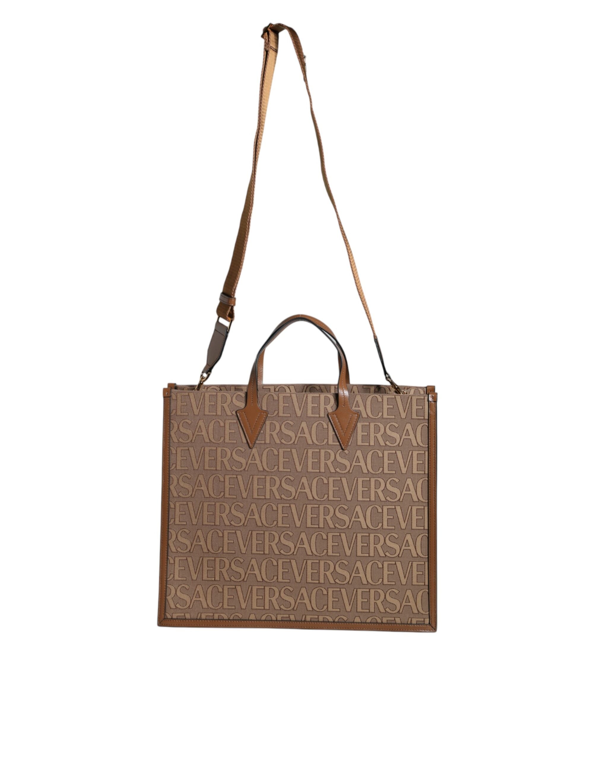 Versace Brown Top Handle Jacquard Leather Logo Crossbody Tote Bag -  Luxury Shopper Bag for Women -  Versace.