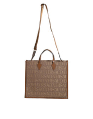 Versace Brown Top Handle Jacquard Leather Logo Crossbody Tote Bag -  Luxury Shopper Bag for Women -  Versace.