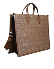 Versace Brown Top Handle Jacquard Leather Logo Crossbody Tote Bag -  Luxury Shopper Bag for Women -  Versace.
