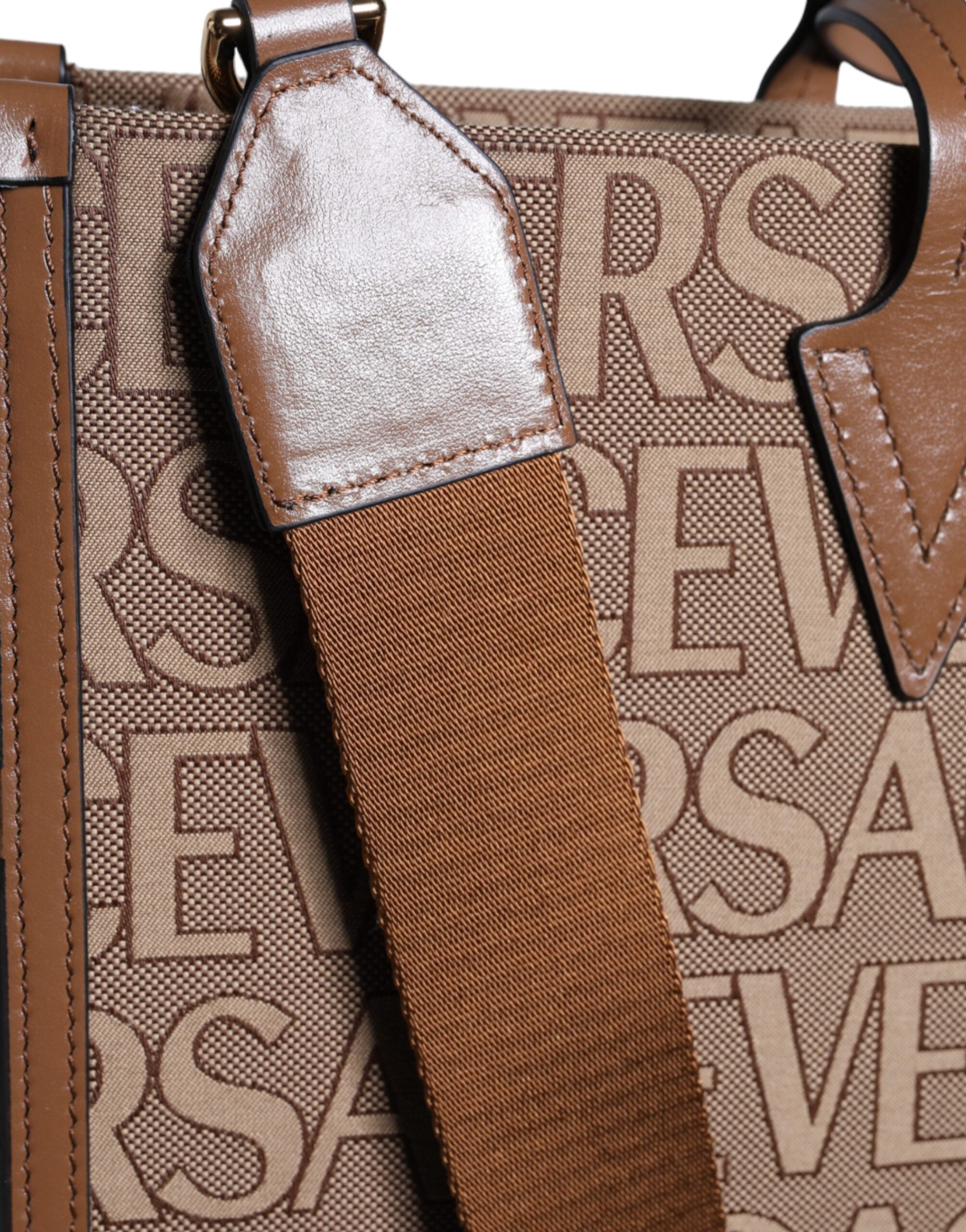Versace Brown Top Handle Jacquard Leather Logo Crossbody Tote Bag -  Luxury Shopper Bag for Women -  Versace.