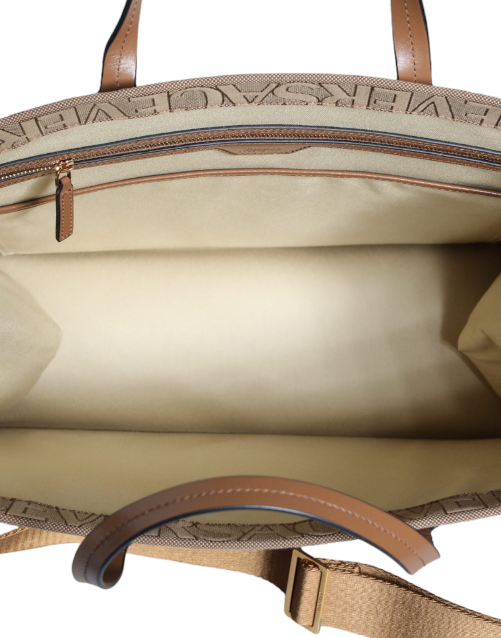 Versace Brown Top Handle Jacquard Leather Logo Crossbody Tote Bag -  Luxury Shopper Bag for Women -  Versace.