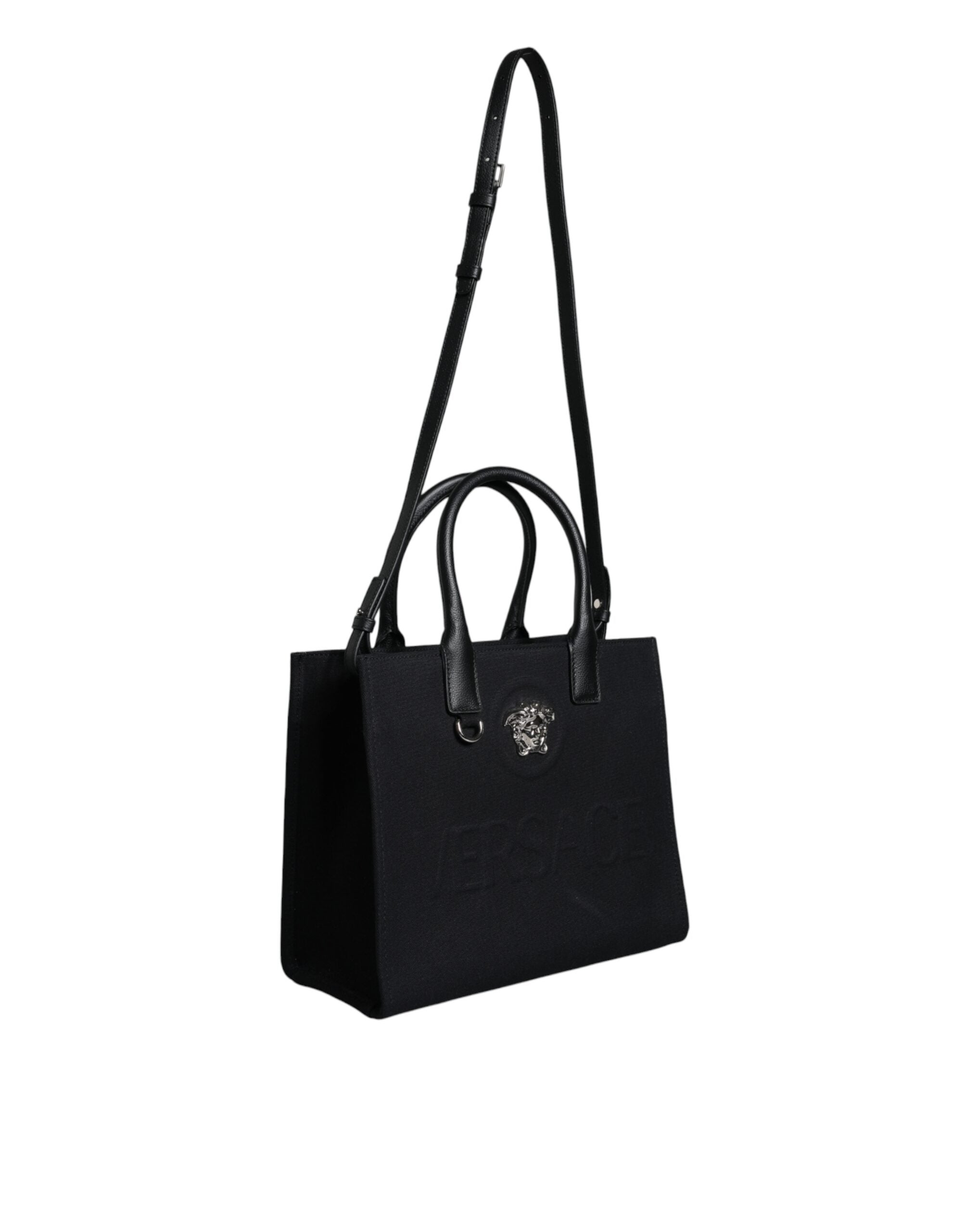 Versace Black Top Handle Canvas Leather Logo Crossbody Tote Bag -   -  Versace.
