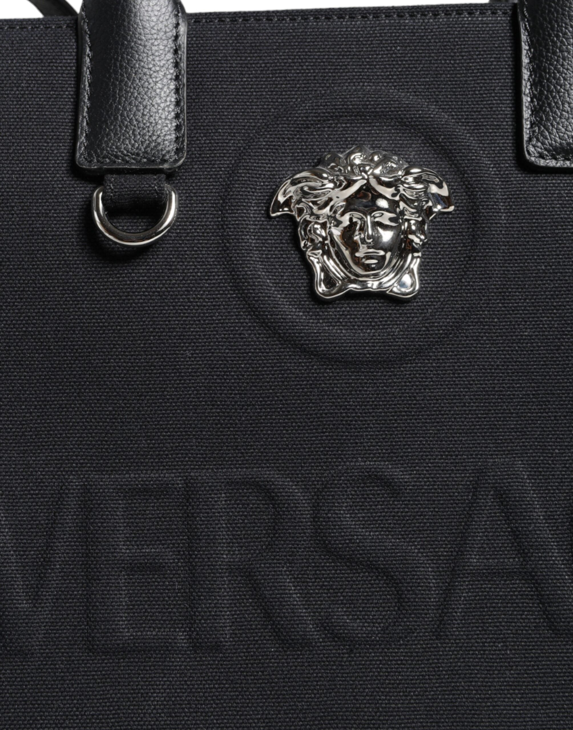 Versace Black Top Handle Canvas Leather Logo Crossbody Tote Bag -   -  Versace.