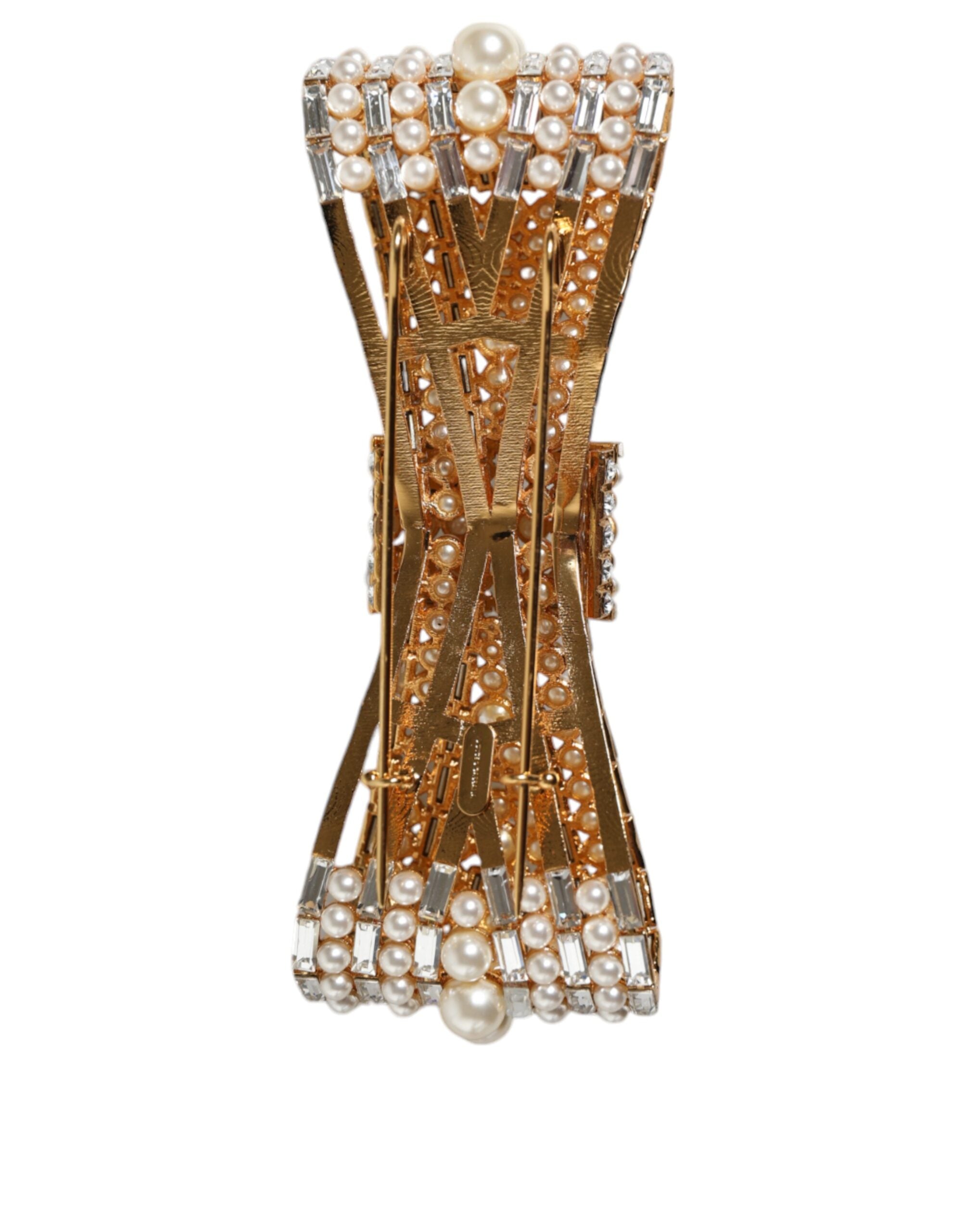Dolce & Gabbana Gold Tone Brass Bow Crystal FauxPearl Embellished Brooch -   -  Dolce & Gabbana.