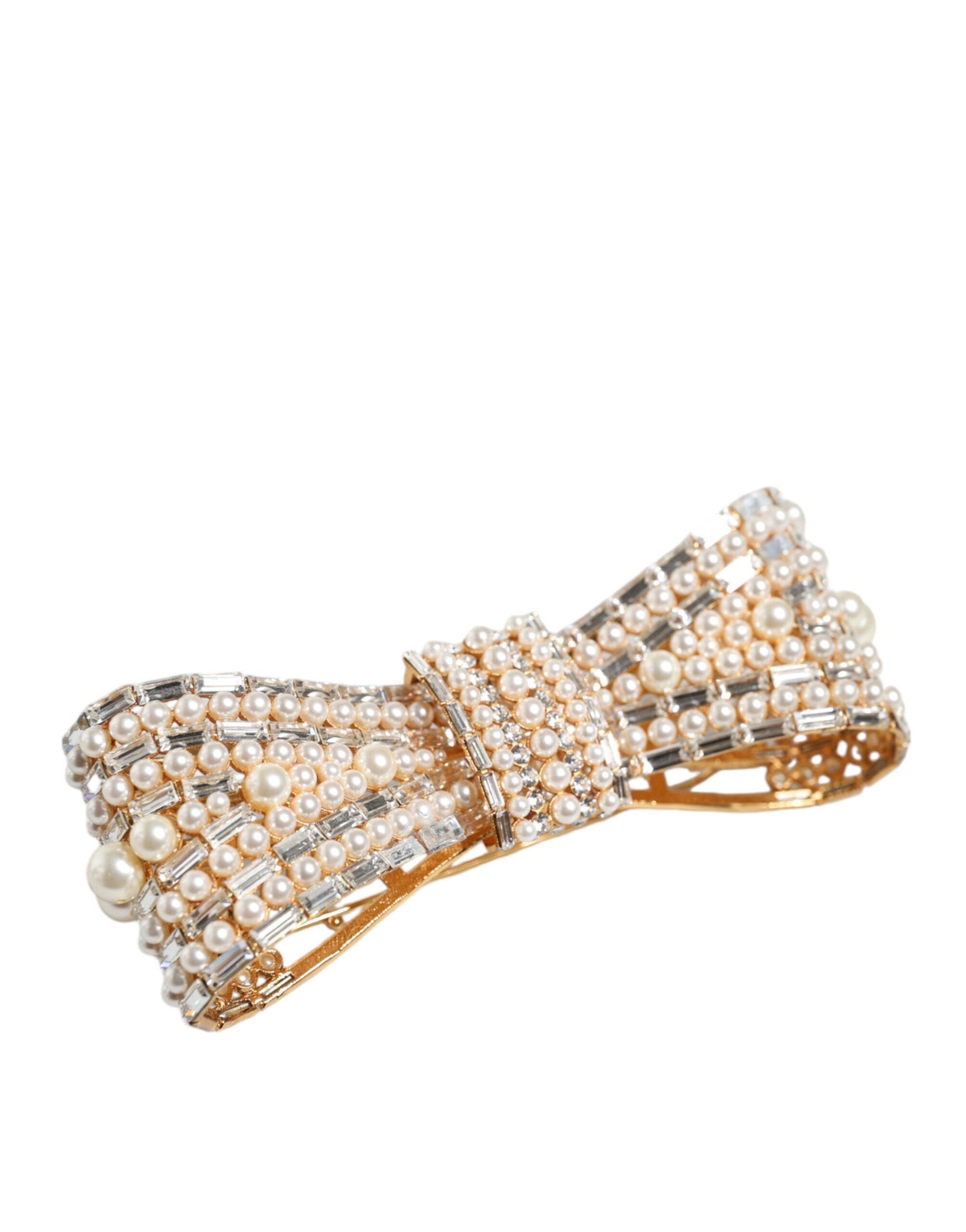Dolce & Gabbana Gold Tone Brass Bow Crystal FauxPearl Embellished Brooch -   -  Dolce & Gabbana.