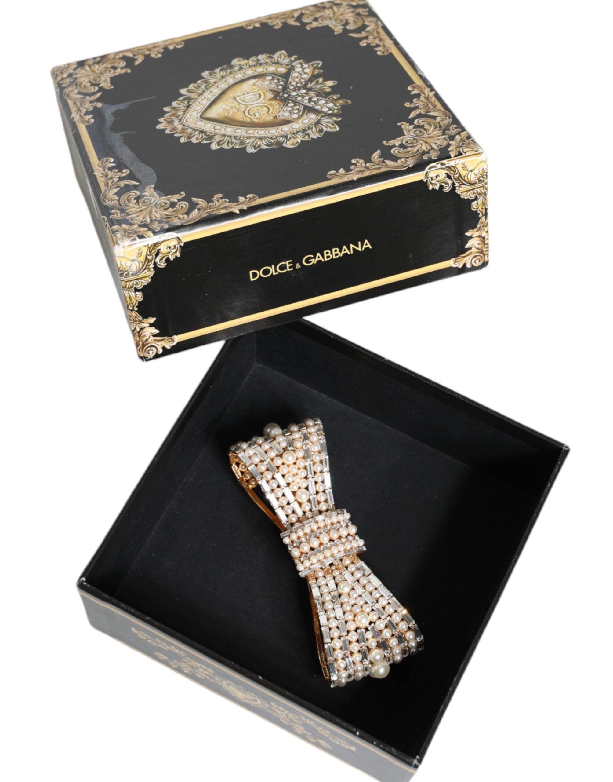 Dolce & Gabbana Gold Tone Brass Bow Crystal FauxPearl Embellished Brooch -   -  Dolce & Gabbana.