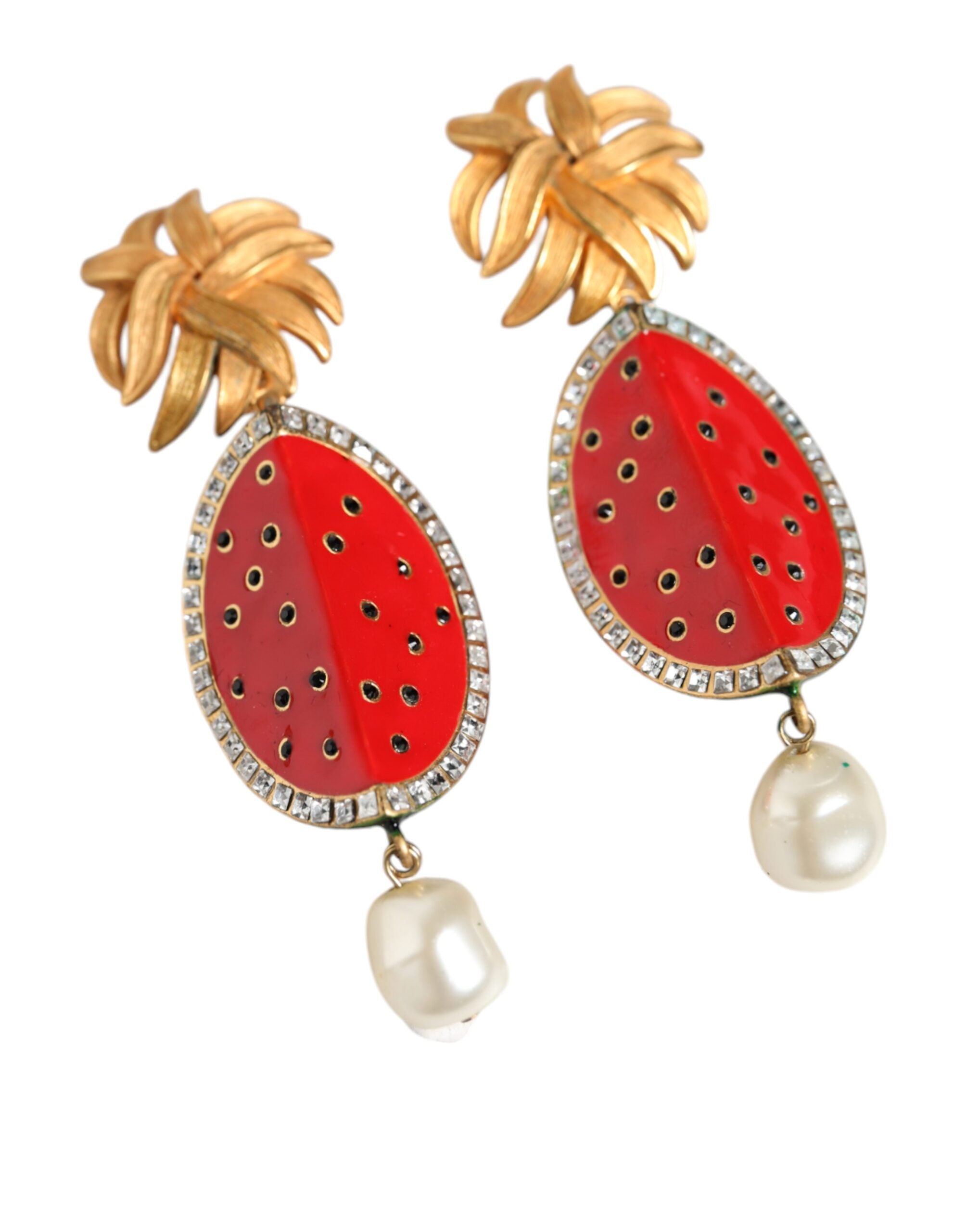 Dolce & Gabbana Red Watermelon Gold Brass Crystal Clip Dangling Earrings -   -  Dolce & Gabbana.