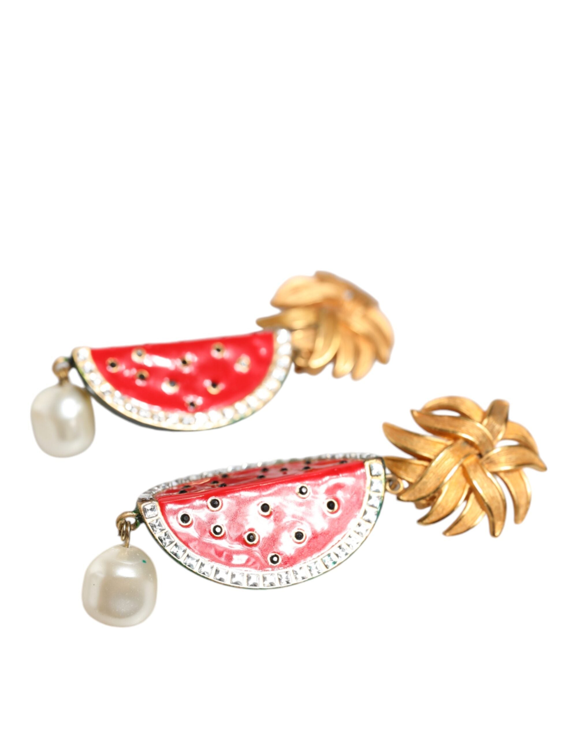 Dolce & Gabbana Red Watermelon Gold Brass Crystal Clip Dangling Earrings -   -  Dolce & Gabbana.
